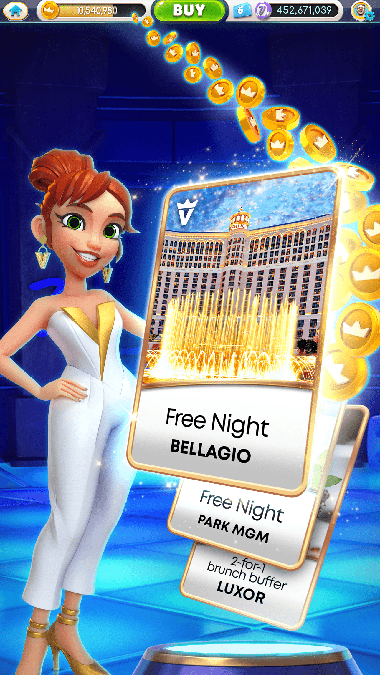 myVEGAS Slots reward cards offering a free night at Bellagio, a free night at Park MGM and a two-for-one brunch buffet at Luxor