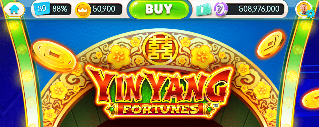 The top of a myVEGAS Slots machine, the bar showing level 30 at 88%, a gold crown counter of 50,900, a green BUY button and a Chip balance of 508,976,000 beside a purple V chip, above the Yin Yang Fortunes marquee