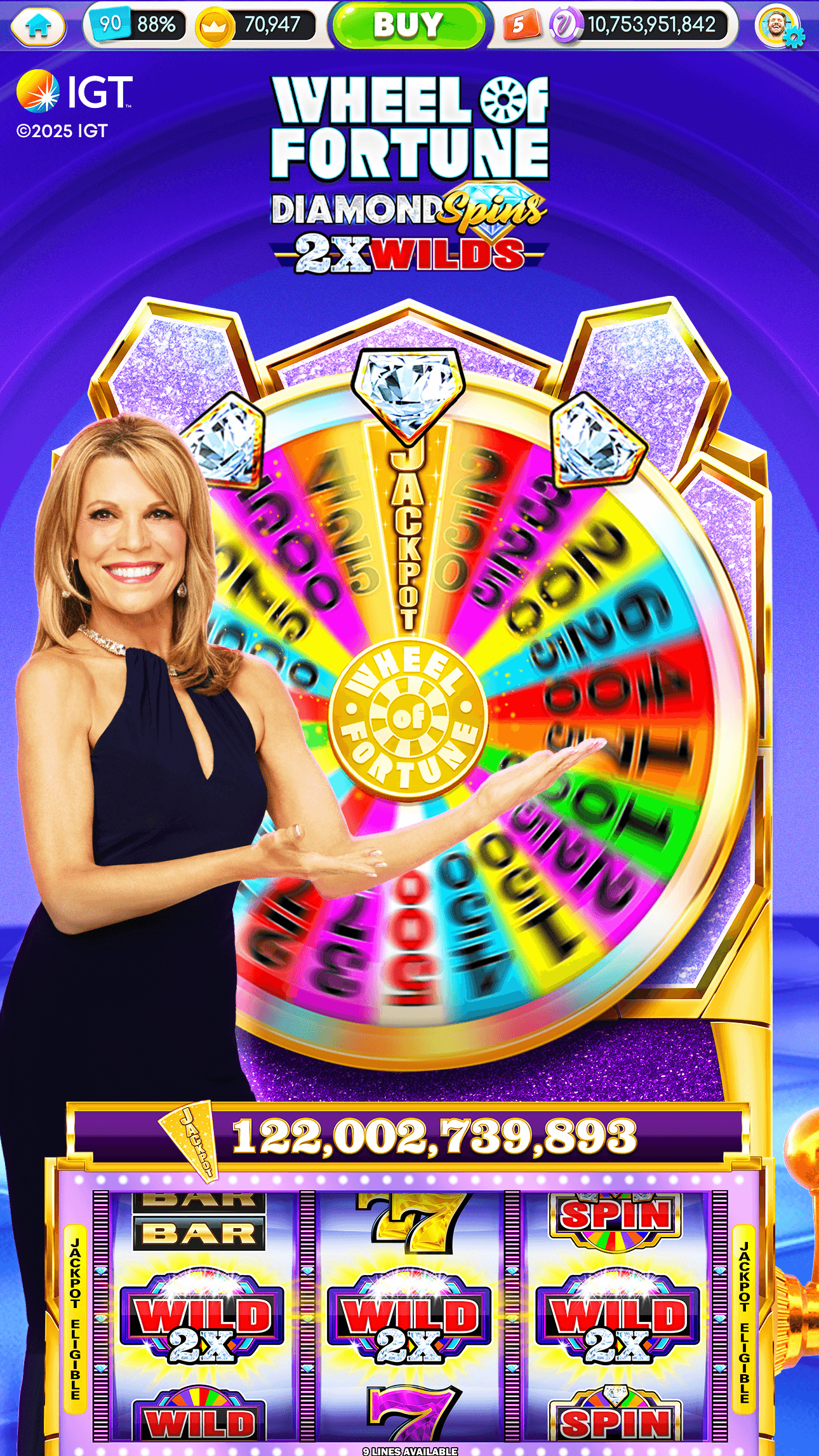 The Wheel of Fortune Diamond Spins machine in myVEGAS Slots with a jackpot of 122,002,739,893 below the wheel