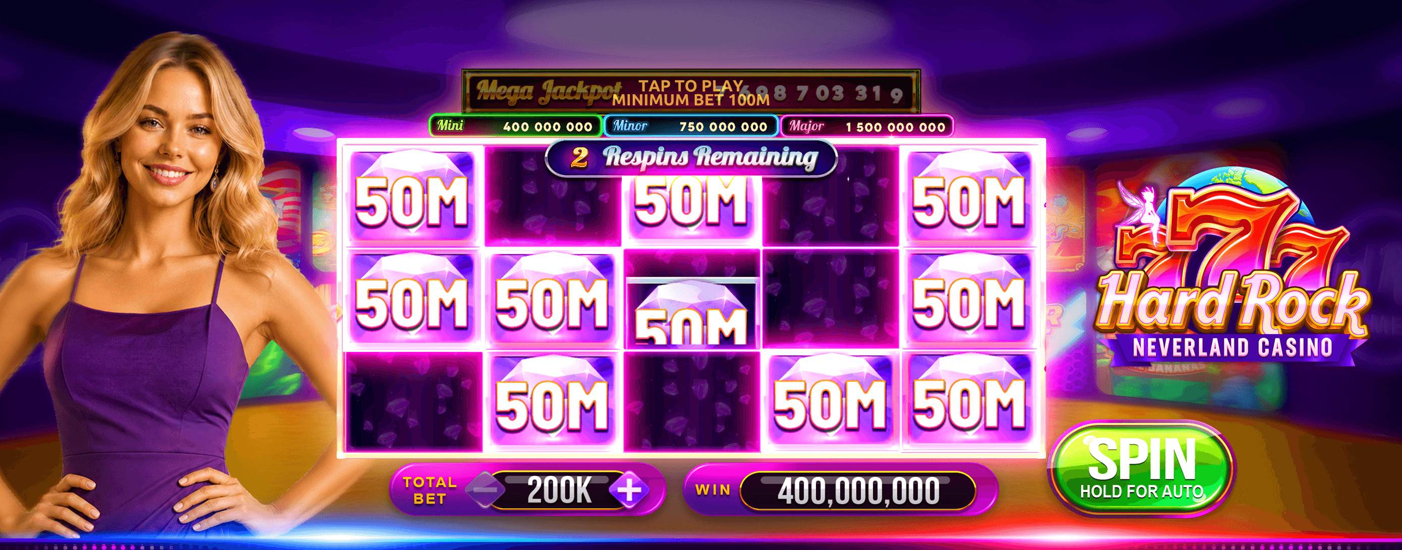 A Hard Rock Neverland Casino machine with held 50M symbols across the reels and a Mega Jackpot bar above them