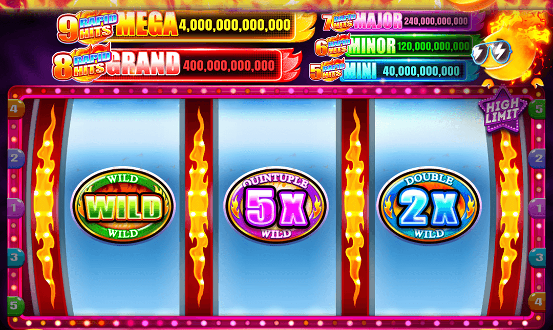 The Fire Wheel machine in Old Vegas Slots, three classic reels showing Wild, Quintuple 5X Wild and Double 2X Wild symbols in a flame-lined frame, under Rapid Hits jackpots from a Mini of 40,000,000,000 up to a Mega of 4,000,000,000,000