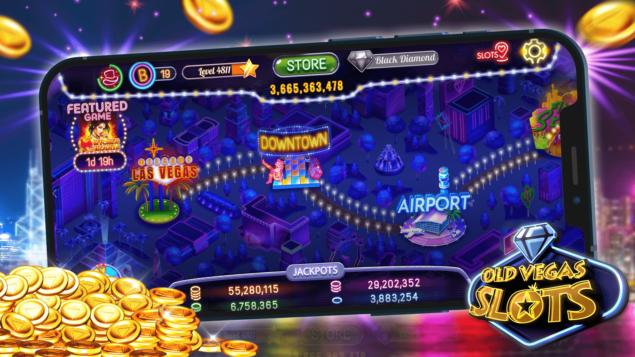 The Old Vegas Slots lobby laid out as a city map with Downtown and Airport districts and four jackpot totals along the bottom