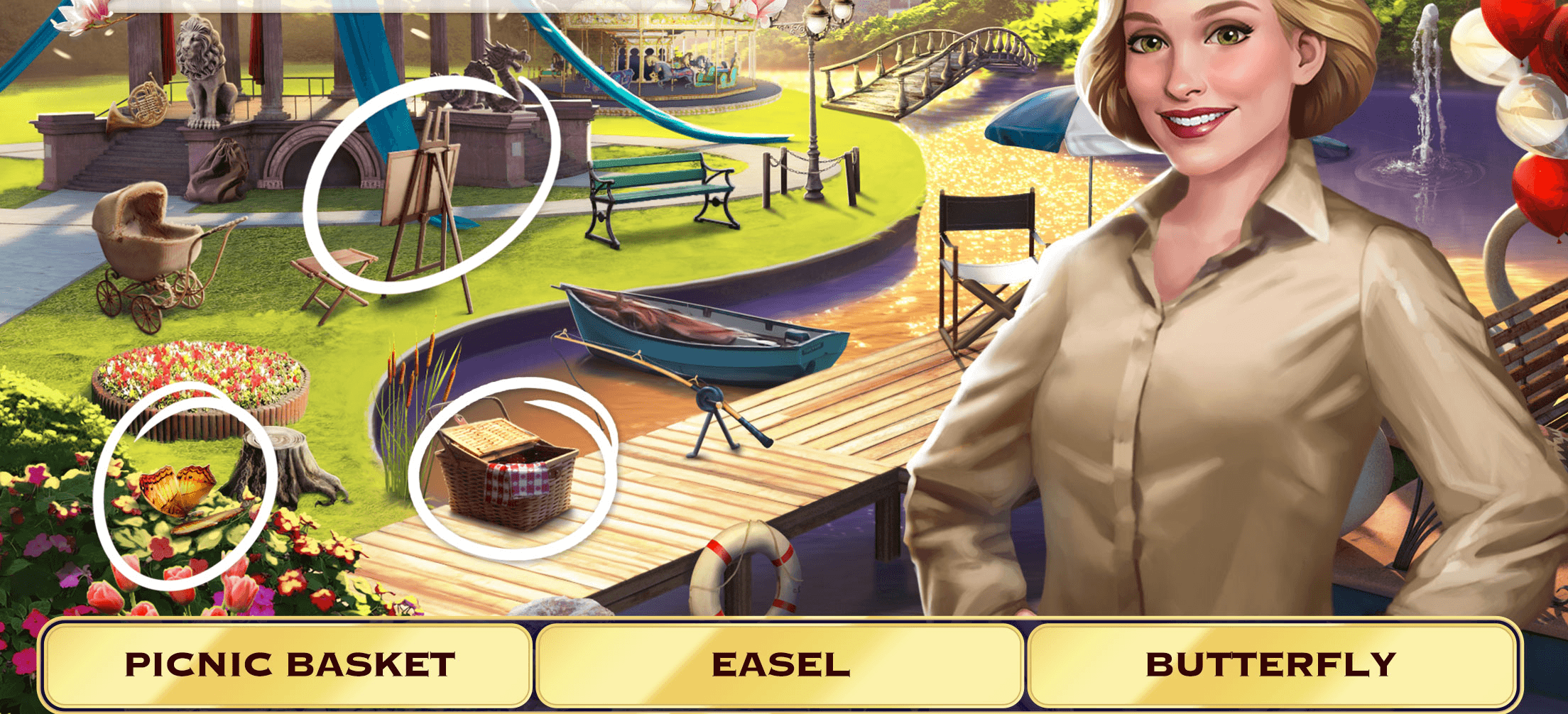A Pearl's Peril hidden-object scene with items circled and a list of objects still to find along the bottom