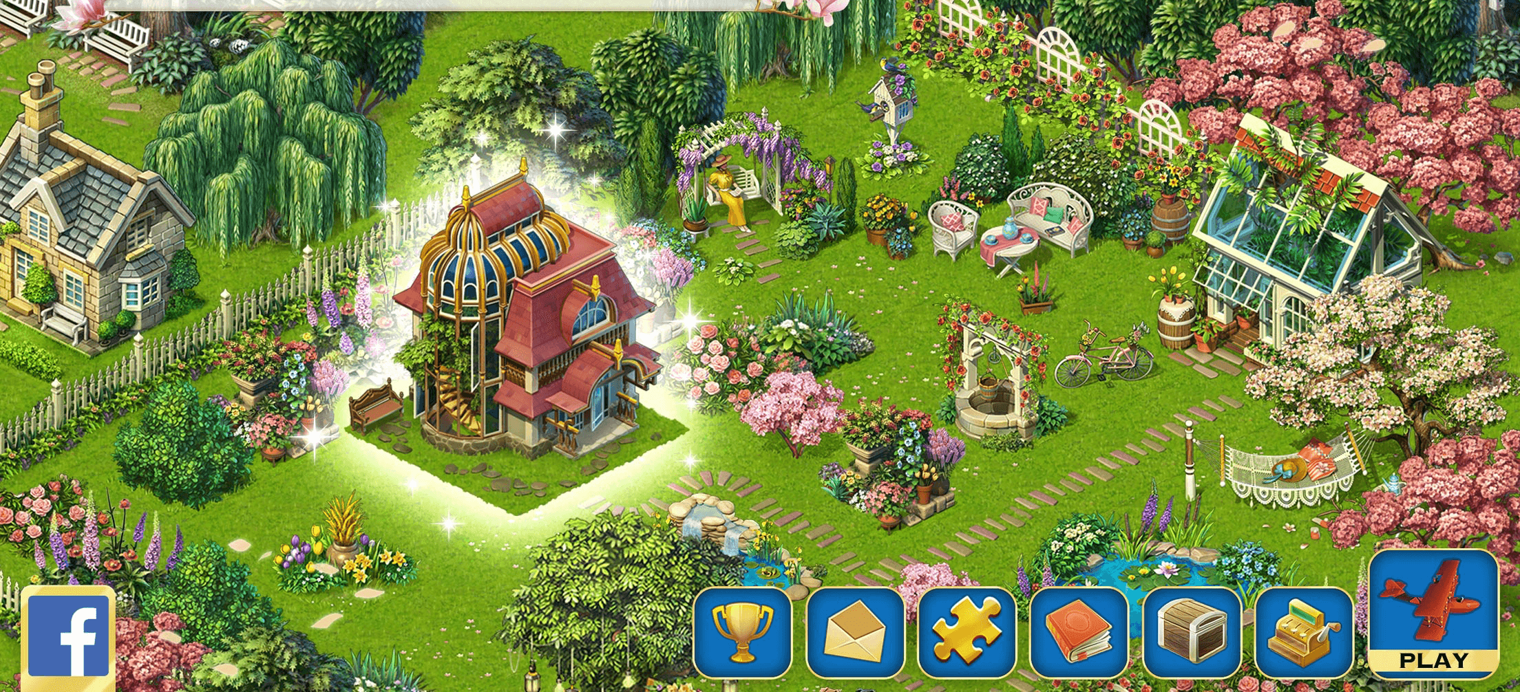 A Pearl's Peril island being built out with buildings and gardens, and a toolbar of build options along the bottom