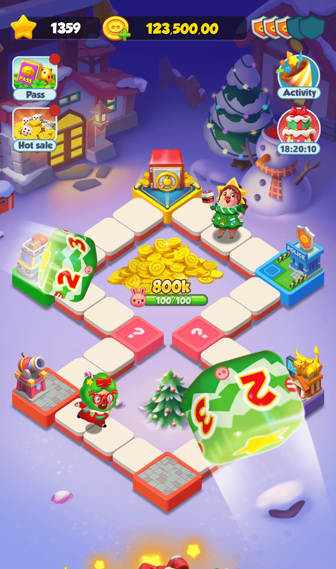 A Piggy GO board with a dice roll in progress and a coin tile worth 800k on the track