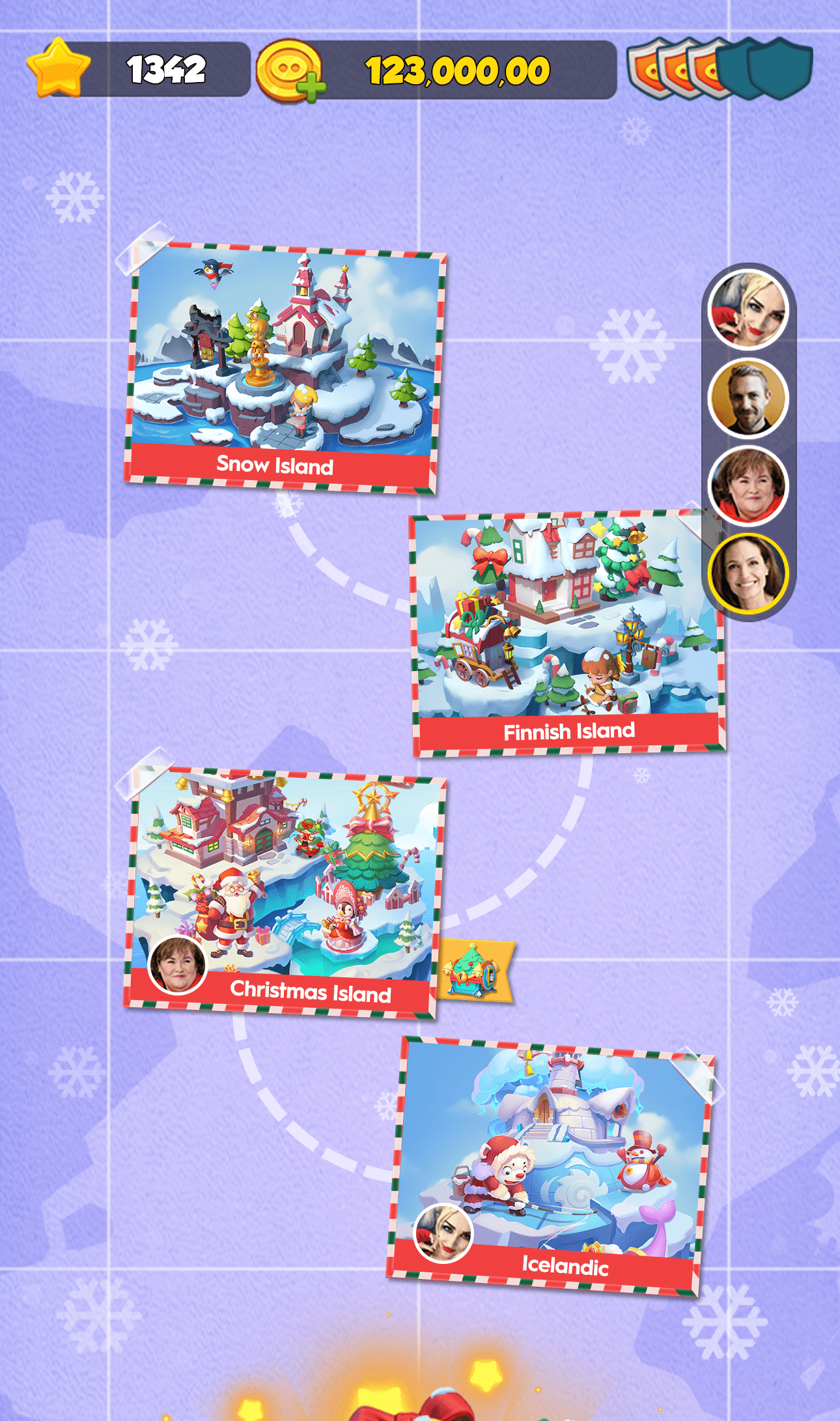 The Piggy GO island select screen showing Snow Island, Finnish Island, Christmas Island and Icelandic, with the star and coin totals along the top
