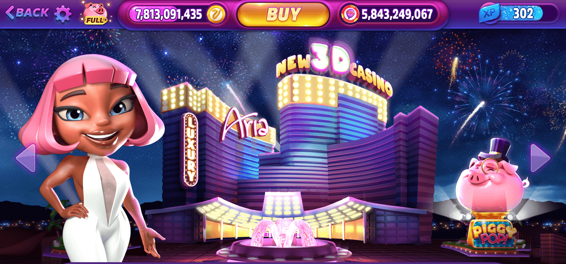A POP! Slots casino floor modelled on the Aria in Las Vegas, with machines lined up along it