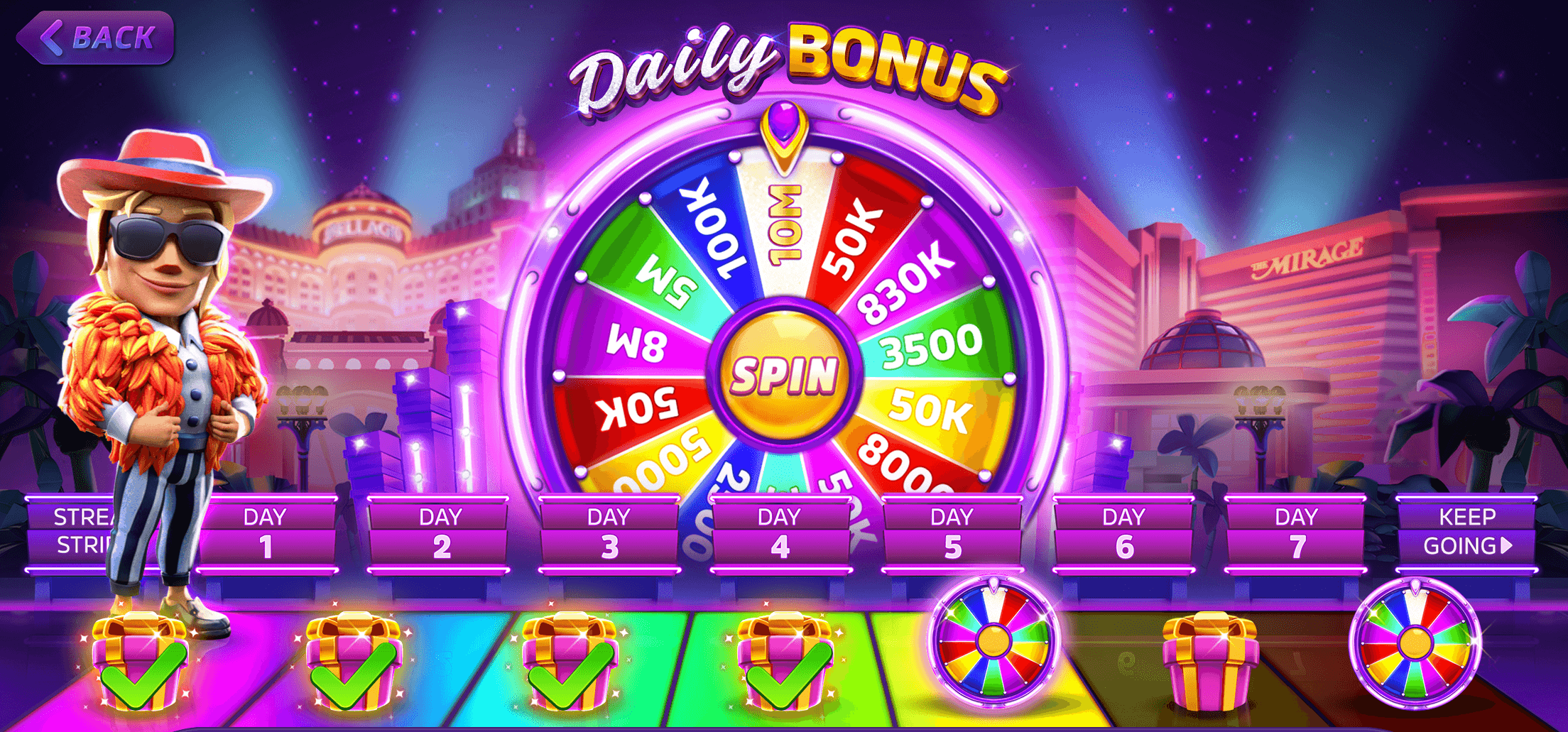 The POP! Slots daily bonus wheel above a row of seven numbered days in a streak