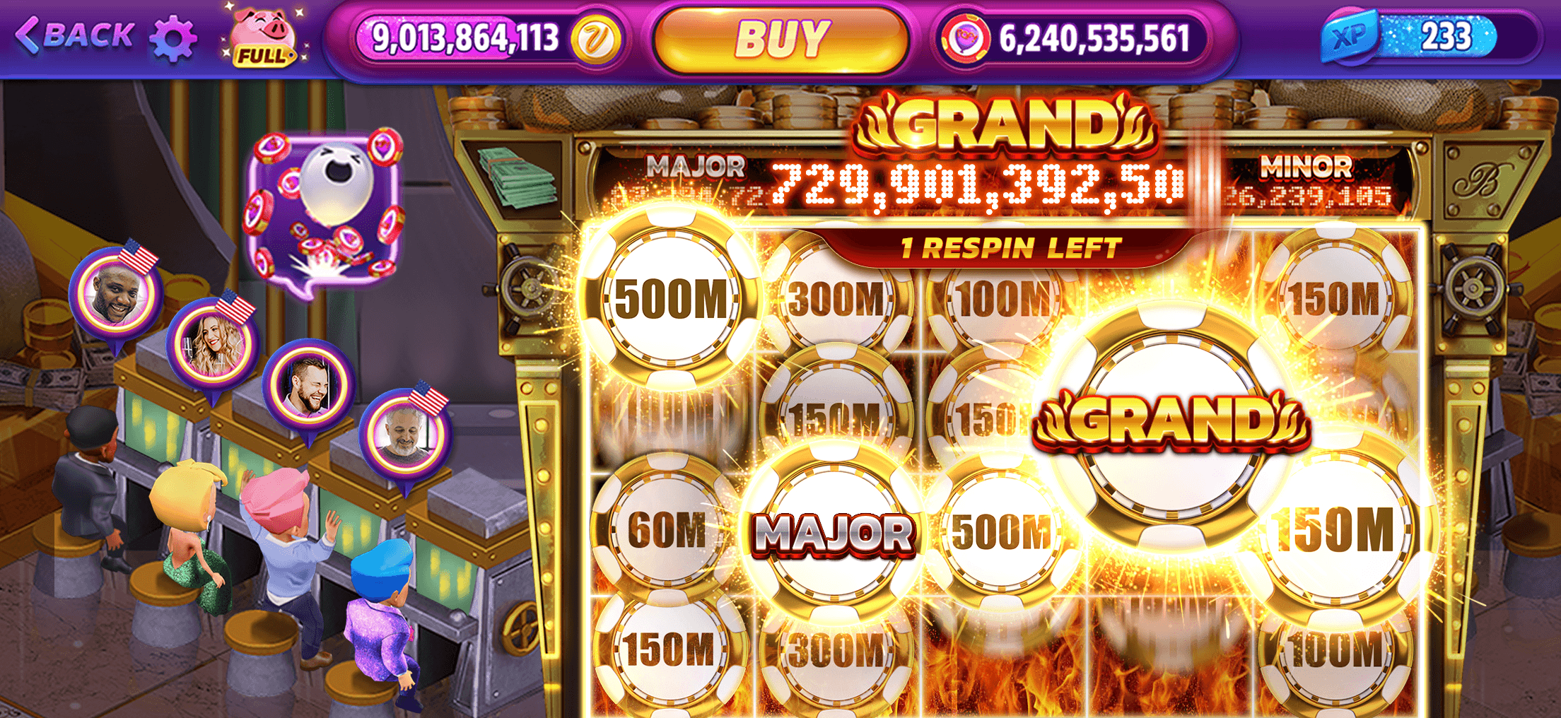 A POP! Slots respin feature with one respin left, a Grand coin and a Major coin landed among gold chips marked from 60M to 500M, under a Grand jackpot of more than 729 billion, with other players' avatars at a bar on the left and the chip balance of 6,240,535,561 in the top bar