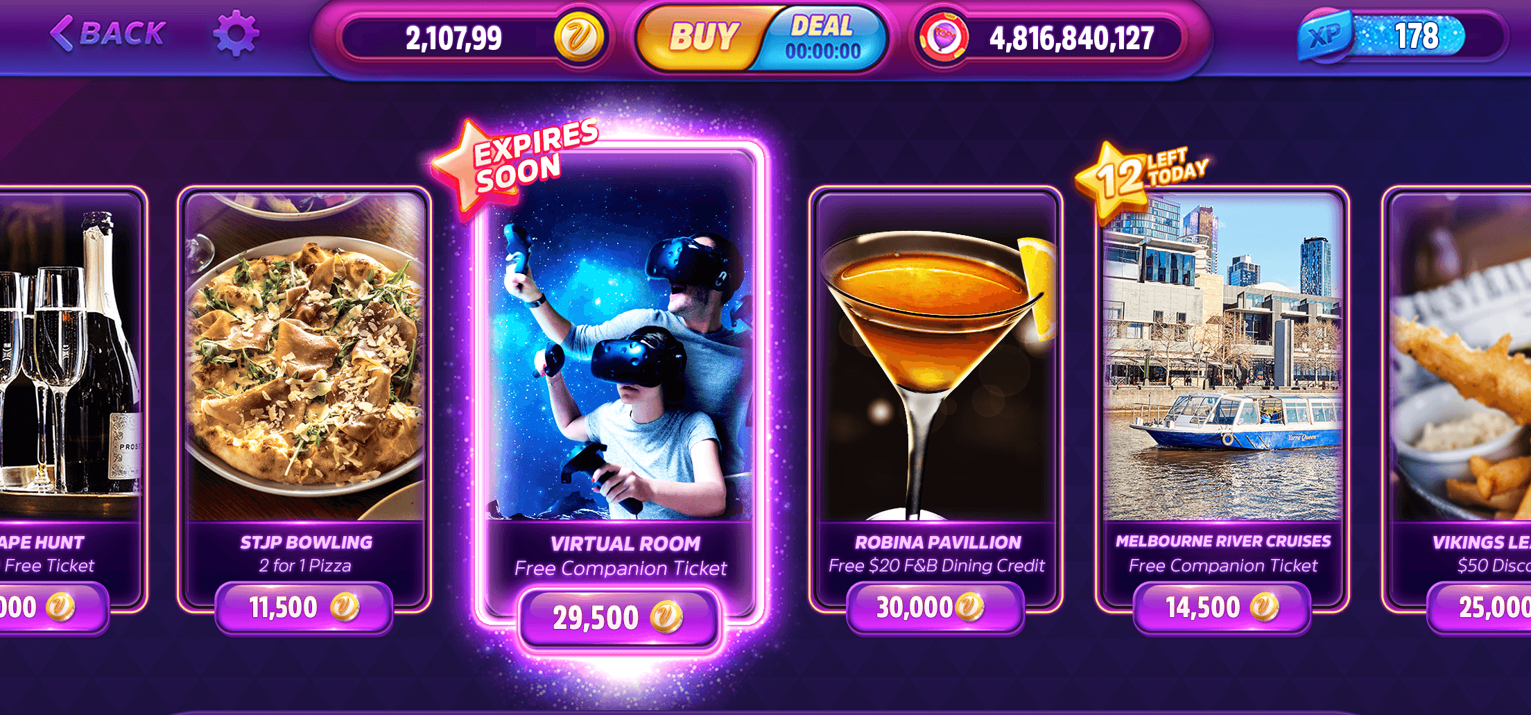 The POP! Slots rewards catalogue listing real venues and experiences with their loyalty point costs