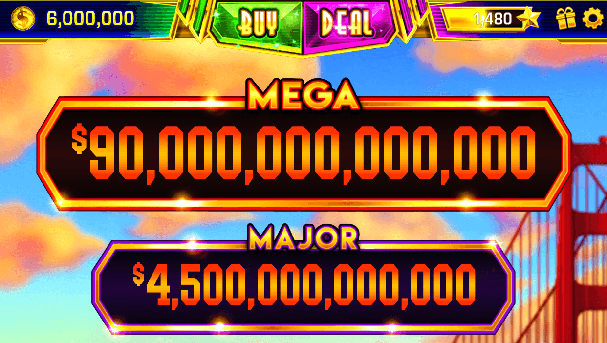 The top of a Quick Hit Slots machine, a coin balance of 6,000,000 beside Buy and Deal buttons, and two jackpots written in dollars: a Mega of $90,000,000,000,000 and a Major of $4,500,000,000,000