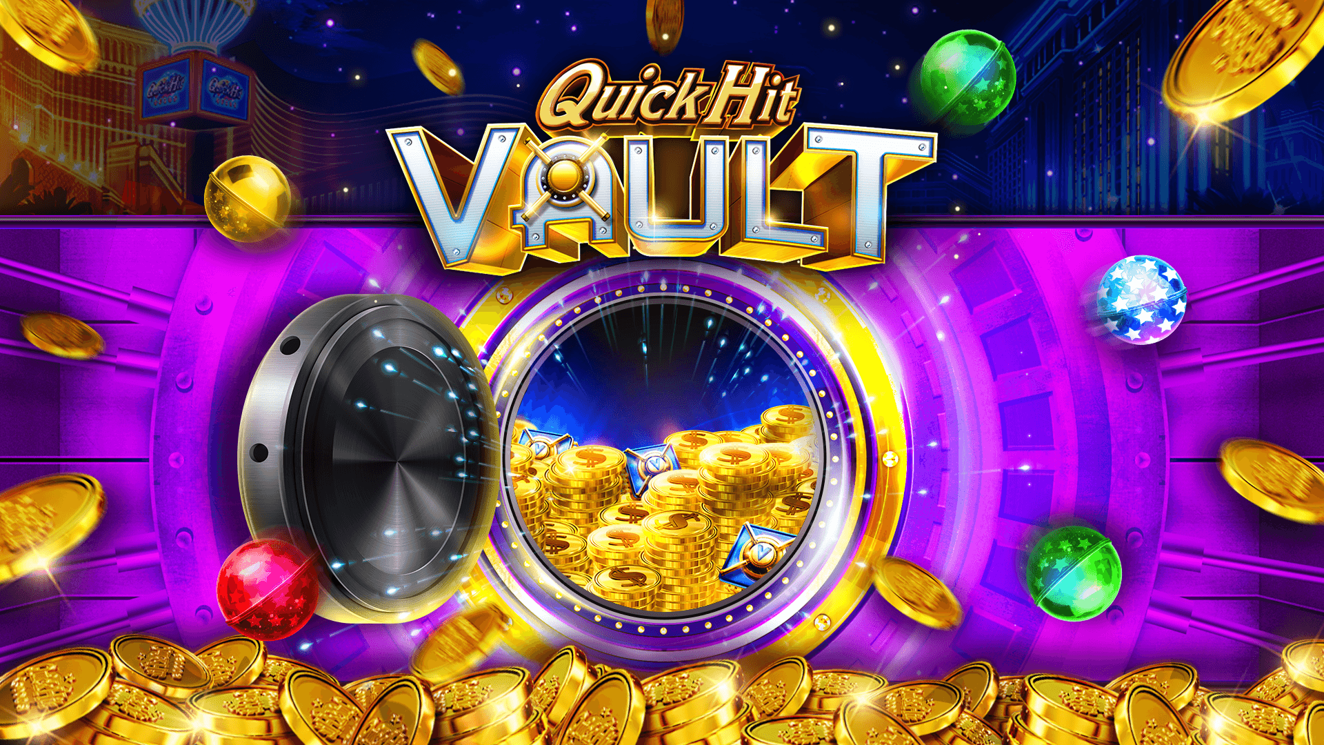Quick Hit Slots store art for the Quick Hit Vault, a round vault door swung open onto a pile of gold coins under the Quick Hit Vault title, with coloured glass balls and more coins floating around it