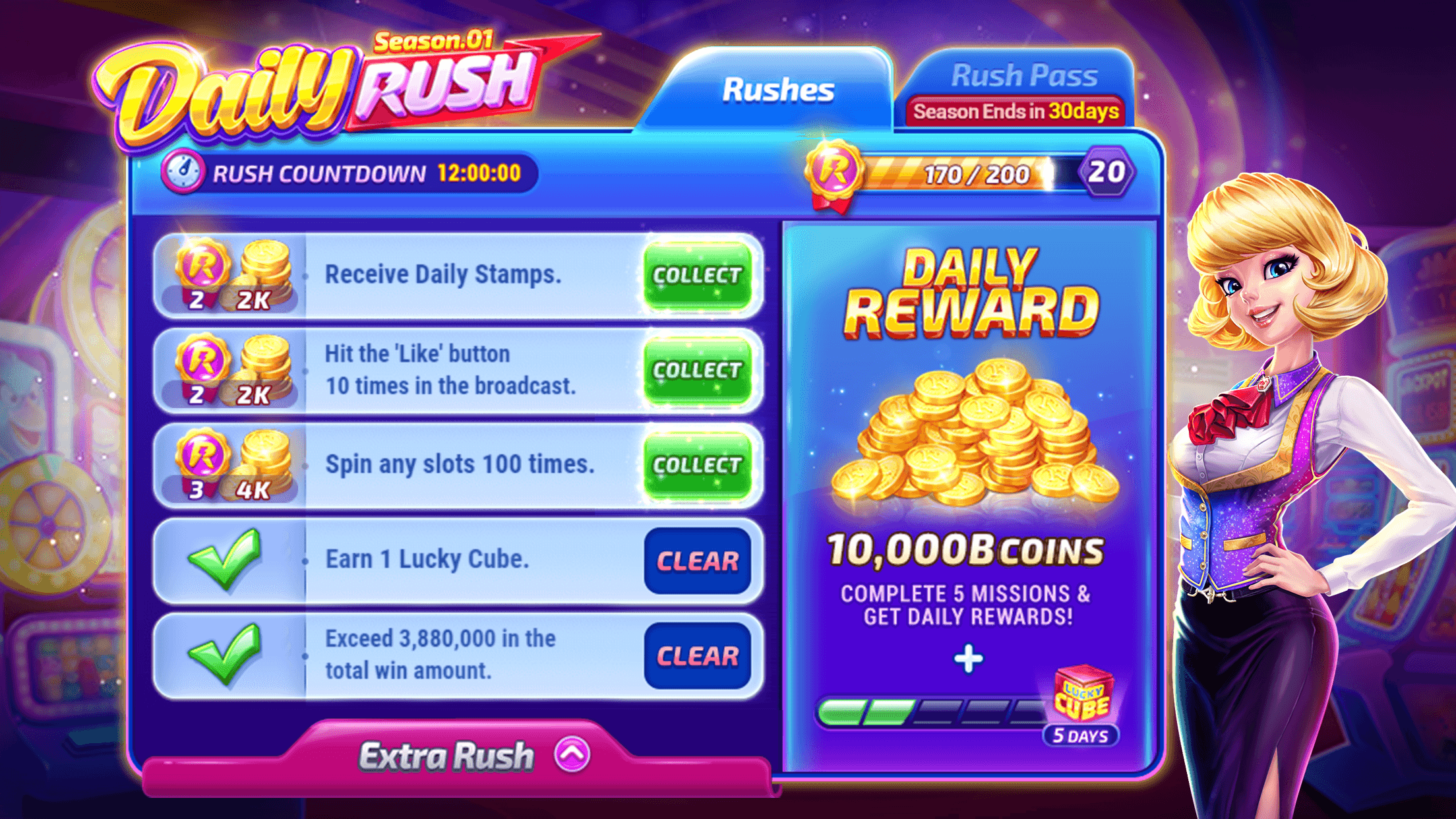 The Daily Rush mission panel in Rock N Cash Casino, listing tasks with Collect buttons and a daily reward of 10,000B coins