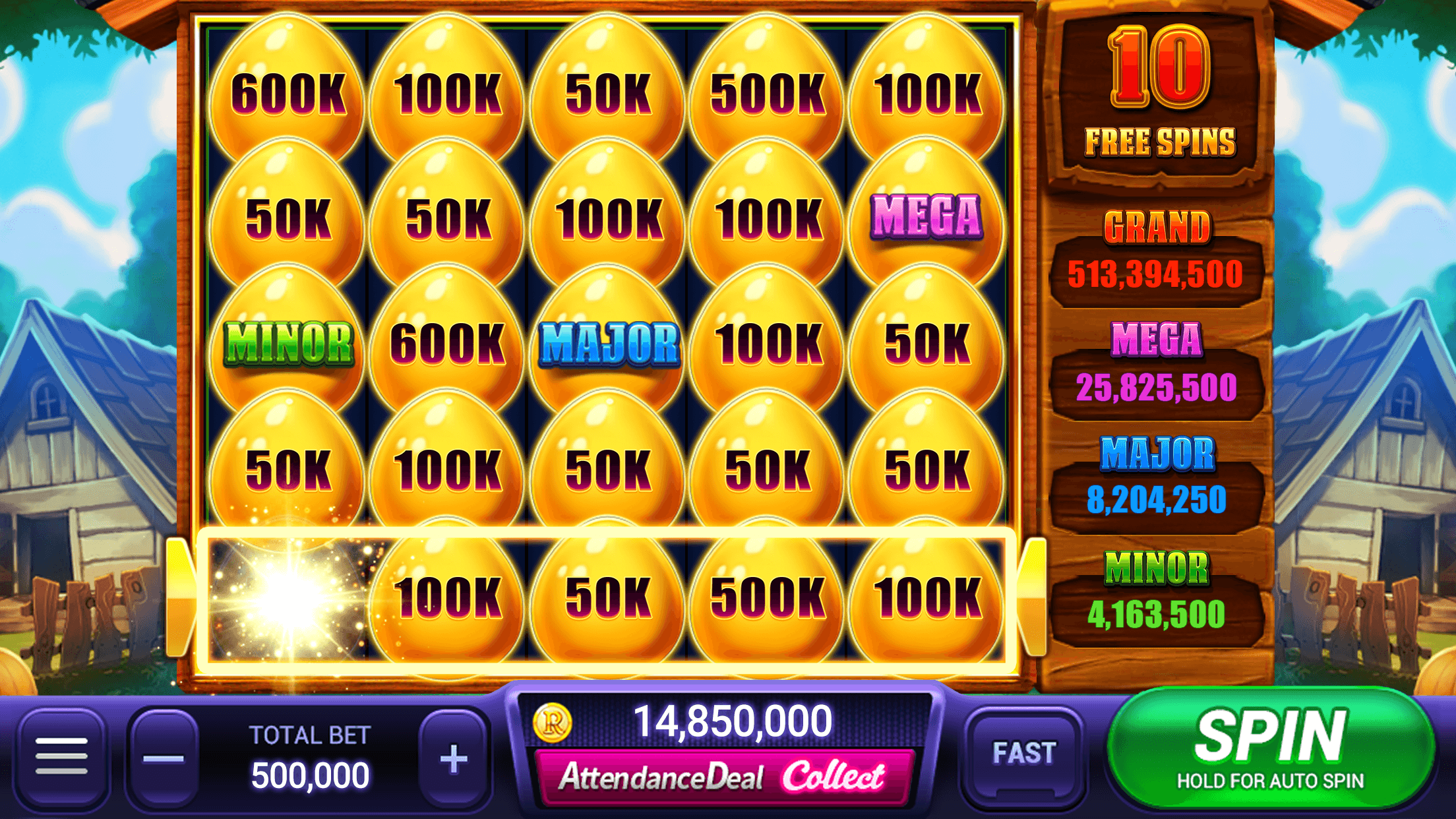 A Rock N' Cash Casino machine in a free spins round, gold eggs marked 50K to 600K with Minor, Major and Mega symbols on the reels beside a farmhouse, a 10 Free Spins panel listing Grand 513,394,500, Mega 25,825,500, Major 8,204,250 and Minor 4,163,500, and a bar along the bottom with a total bet of 500,000, a figure of 14,850,000 and the Spin button