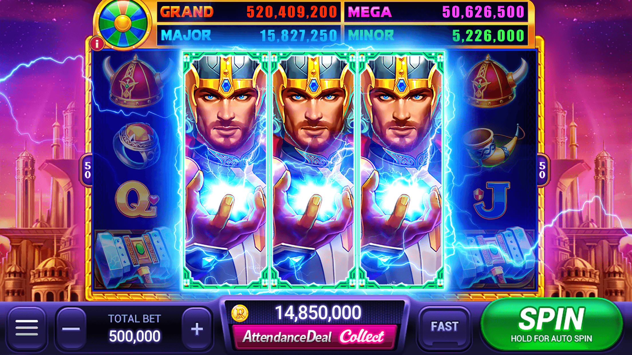 A Rock N Cash Casino machine showing Grand, Mega, Major and Minor jackpot totals above the reels