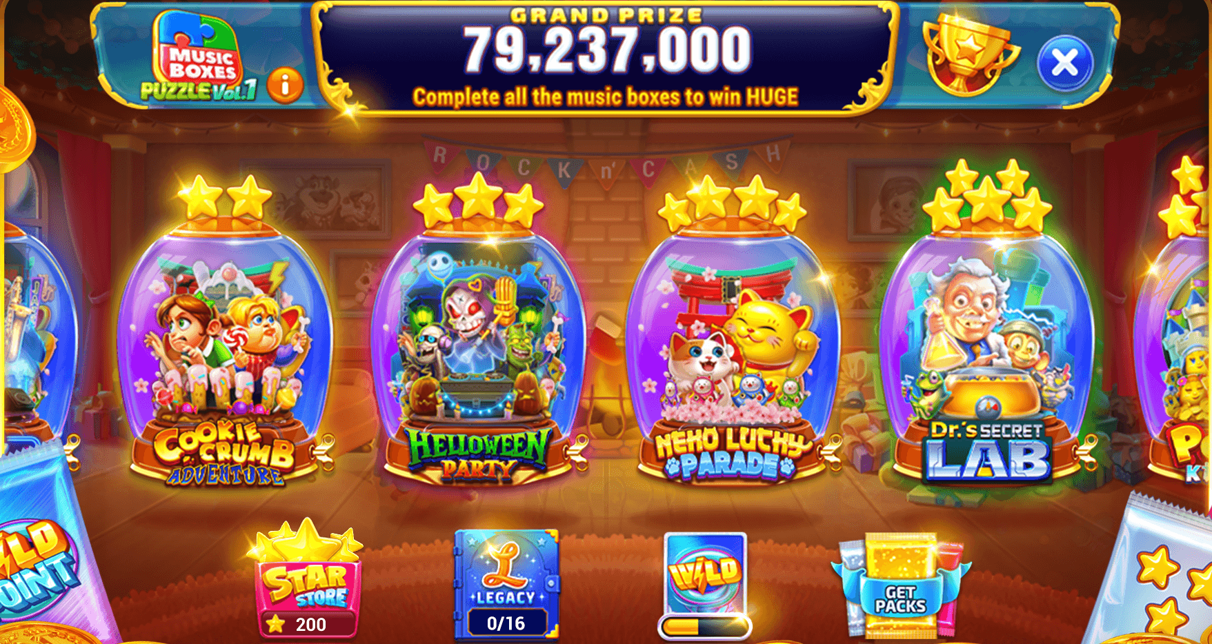 The Music Boxes Puzzle Vol.1 album in Rock N' Cash Casino, glass music boxes for the Cookie Crumb Adventure, Helloween Party, Neko Lucky Parade and Dr.'s Secret Lab machines under a Grand Prize of 79,237,000 for completing them all, with Star Store, Legacy 0/16, Wild and Get Packs buttons along the bottom