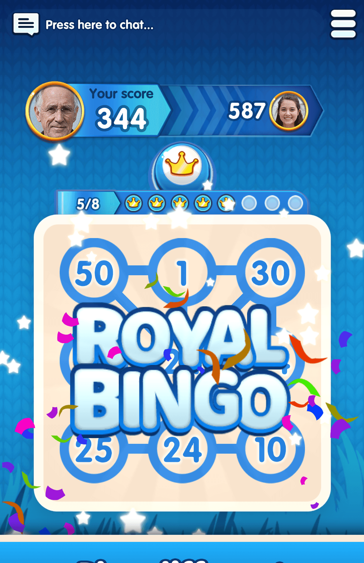 The Royal Bingo mode in Royal Dice showing a numbered bingo card and a score bar against an opponent