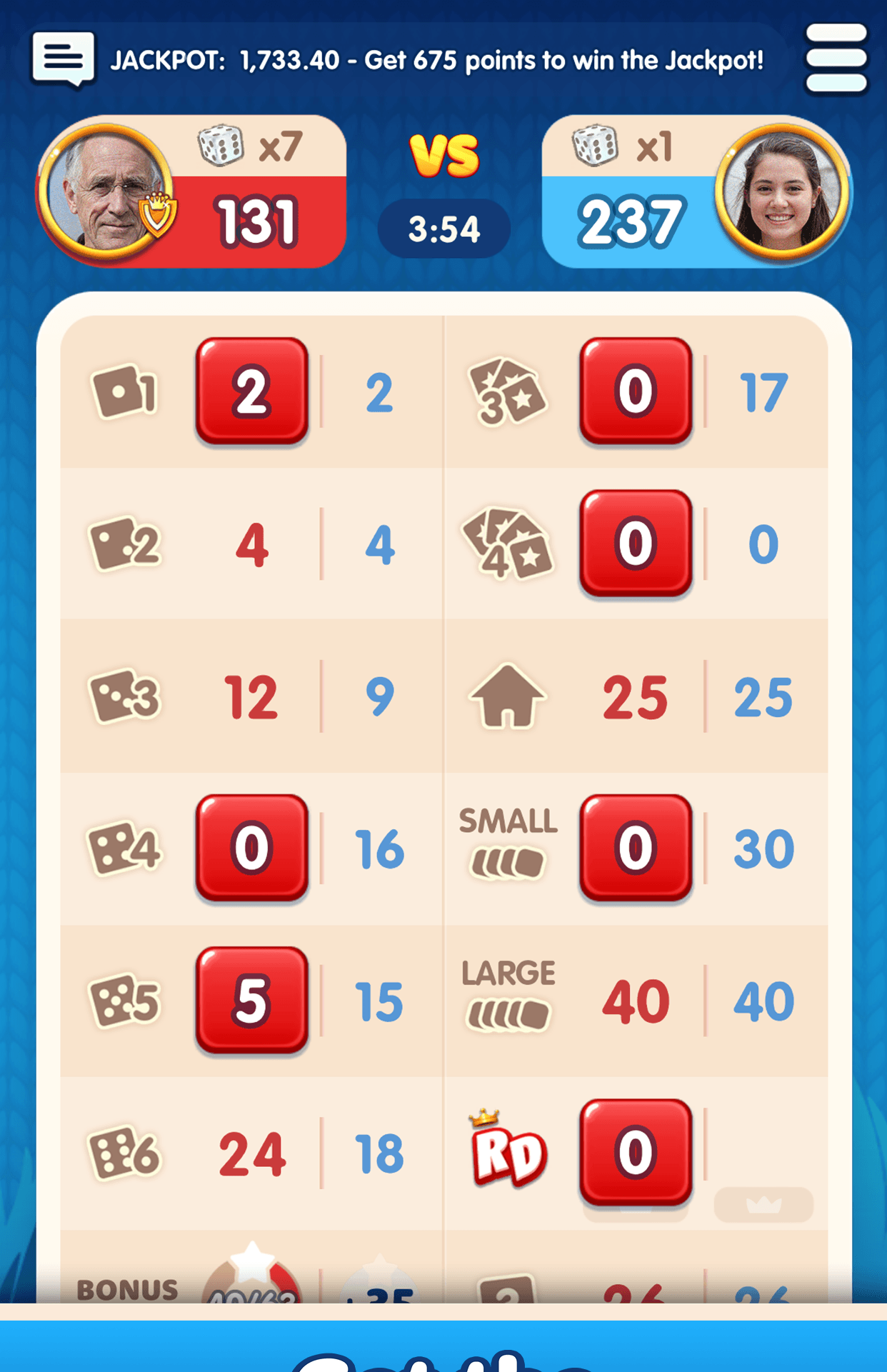 A Royal Dice match showing both players' scorecards side by side with a running jackpot and a turn timer