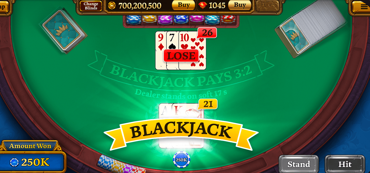 A Scatter HoldEm Poker blackjack table, the player's ace and king under a Blackjack banner and the dealer's 9, 7 and 10 marked 26 and Lose, with Amount Won 250K at the bottom left and the chip balance of 700,200,500 along the top