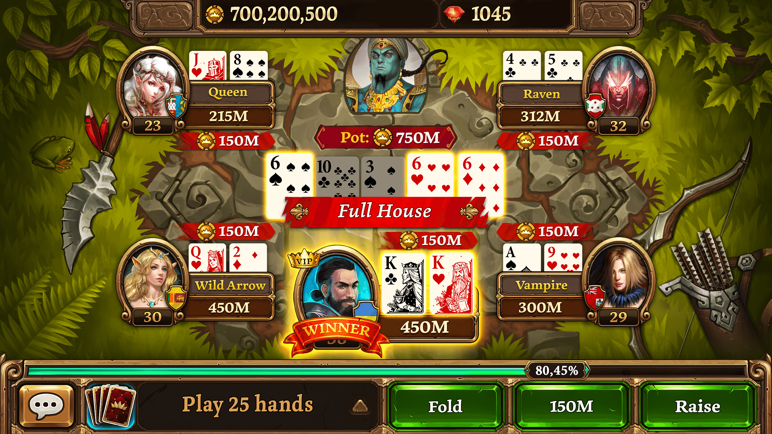 A forest-themed Scatter HoldEm Poker table, a VIP player marked Winner holding two kings for a Full House against a pot of 750M, four rivals named Queen, Raven, Wild Arrow and Vampire around the table, the chip balance of 700,200,500 at the top and a Play 25 hands mission under a progress bar reading 80,45% at the bottom