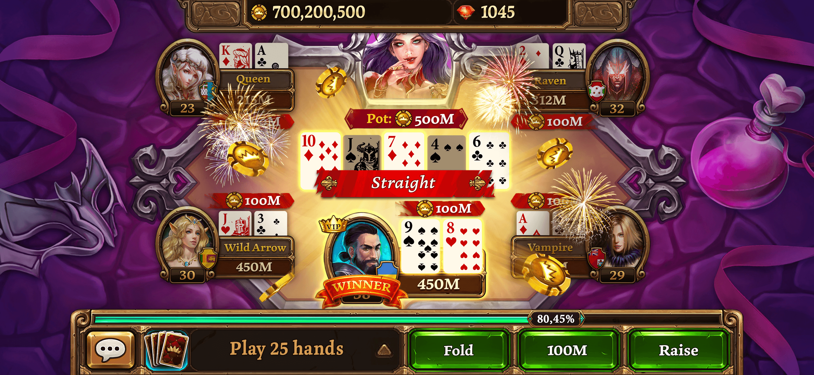 A Scatter HoldEm Poker table with community cards, a pot of 500M and other players seated around it