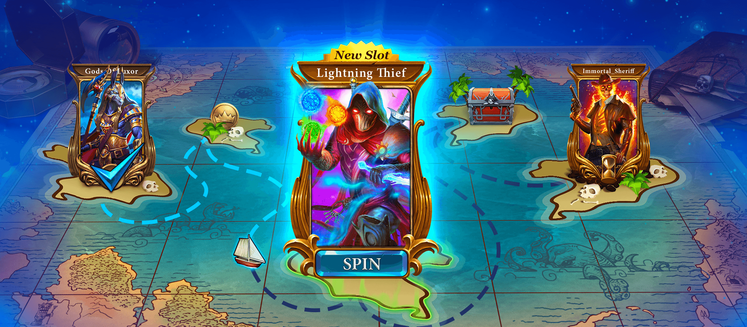 A stretch of the Scatter Slots adventure map drawn as a sea chart, with Gods of Luxor ticked off on one island, Lightning Thief marked New Slot with a Spin button in the middle, Immortal Sheriff on a further island, and a treasure chest and skull islands along the dotted route