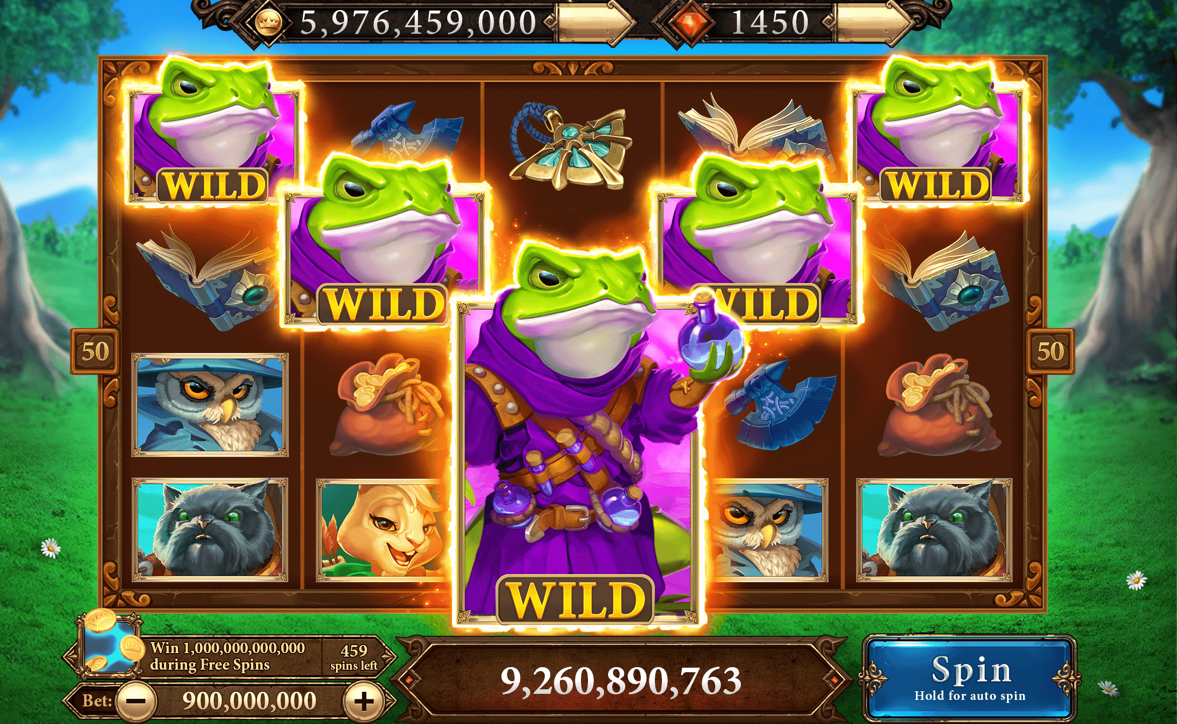 A Scatter Slots machine with a frog wizard holding a potion and frog Wild symbols across the reels among owls, cats and spell books, the Coin balance of 5,976,459,000 and 1450 Gems at the top, and a bet of 900,000,000, the figure 9,260,890,763 and the Spin button at the bottom