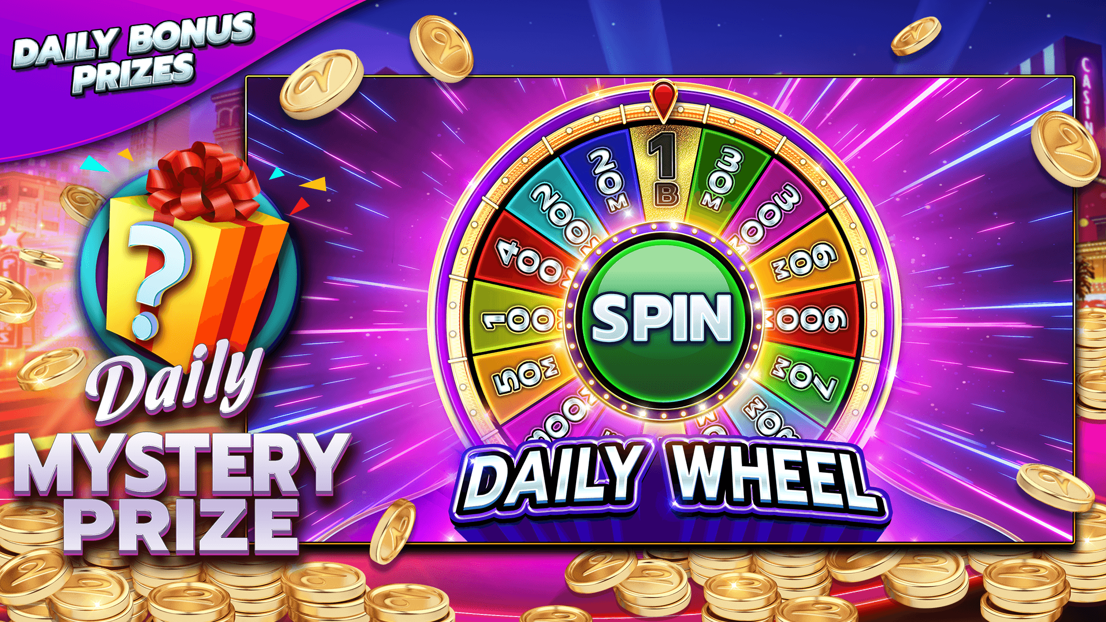 The Show Me Vegas Slots daily wheel beside a daily mystery prize box