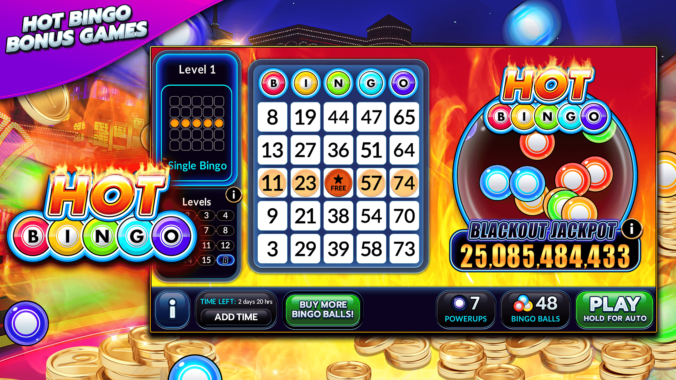 The Hot Bingo bonus game in Show Me Vegas Slots showing a bingo card and a blackout jackpot total
