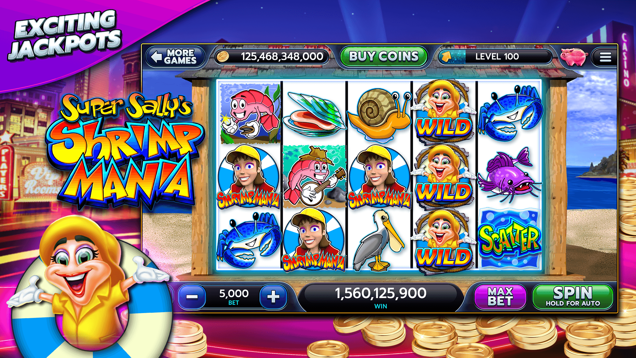 A Show Me Vegas Slots machine with wild symbols across the reels, the coin balance and level along the top