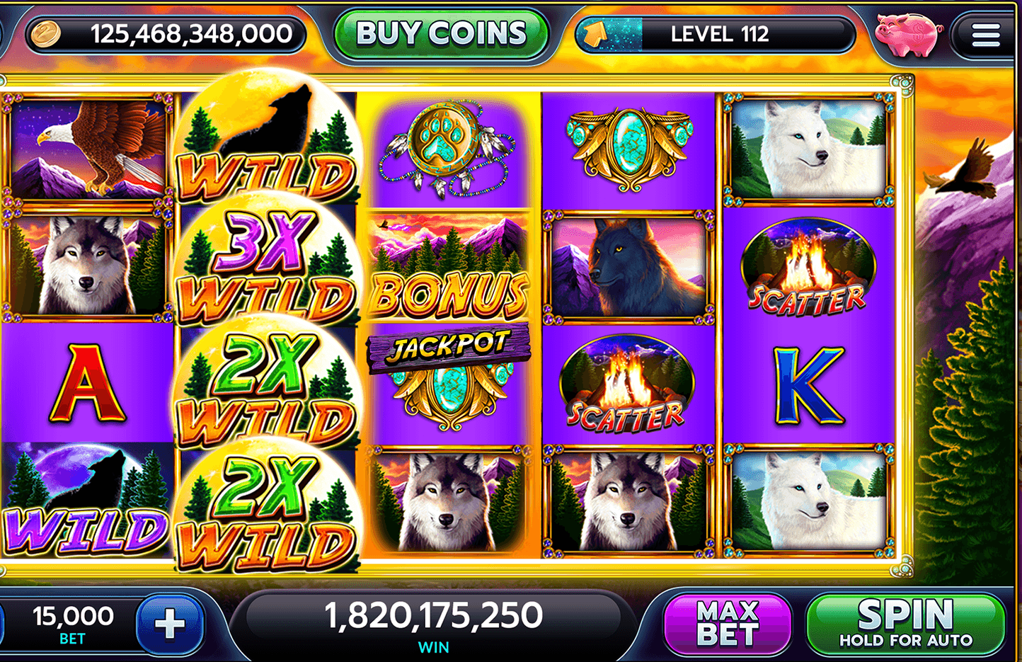 The Wolf Peak machine in Show Me Vegas Slots, 2X and 3X Wild symbols stacked down the second reel among wolves, an eagle, scatters and a Bonus Jackpot symbol, with the Coin balance of 125,468,348,000, Buy Coins and Level 112 along the top, and a bet of 15,000, a win of 1,820,175,250, Max Bet and Spin along the bottom