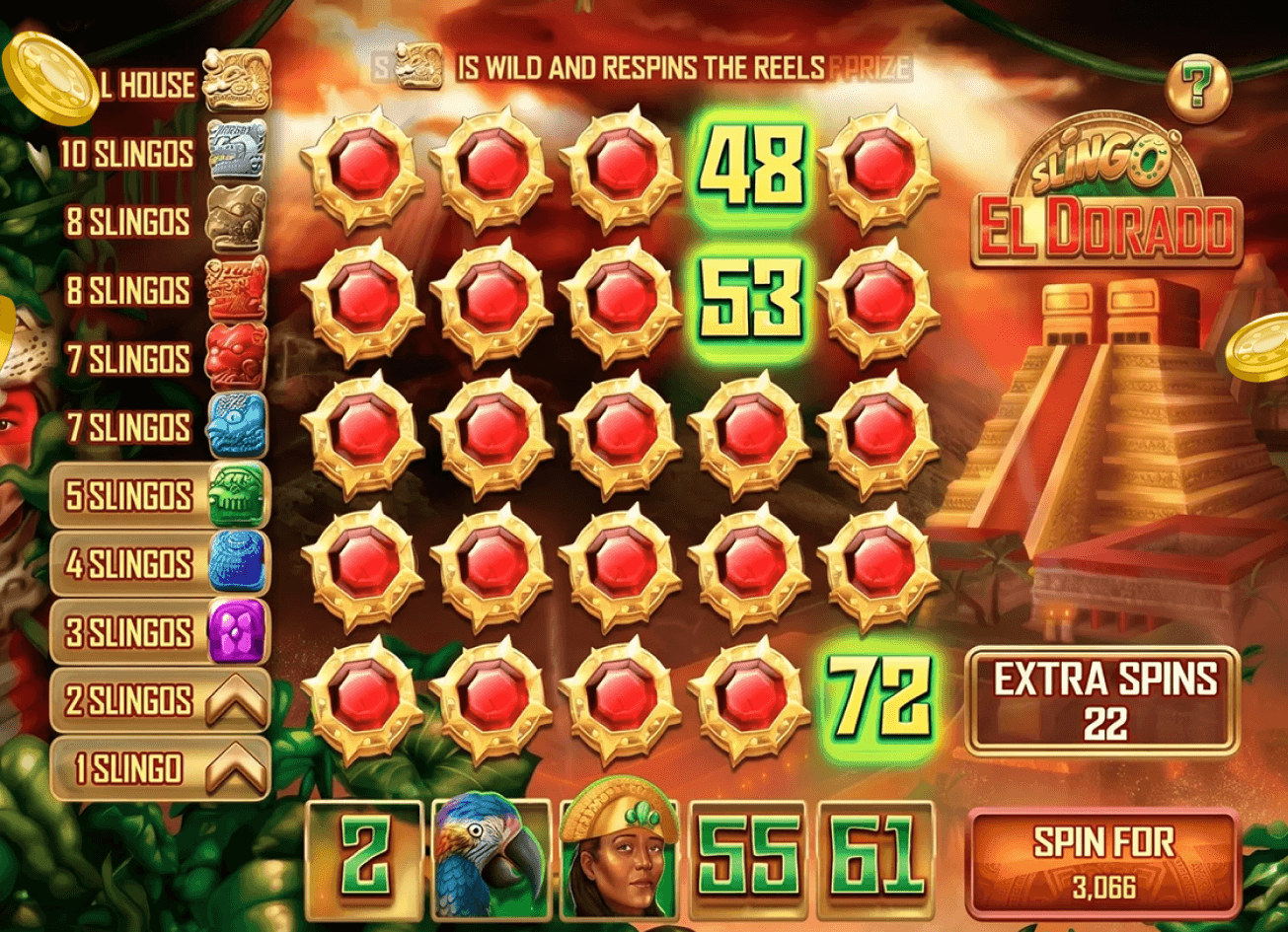 A Slingo El Dorado board with red gem squares, a row of five reel symbols below it, an Extra Spins counter at 22 and a Spin For button priced at 3,066