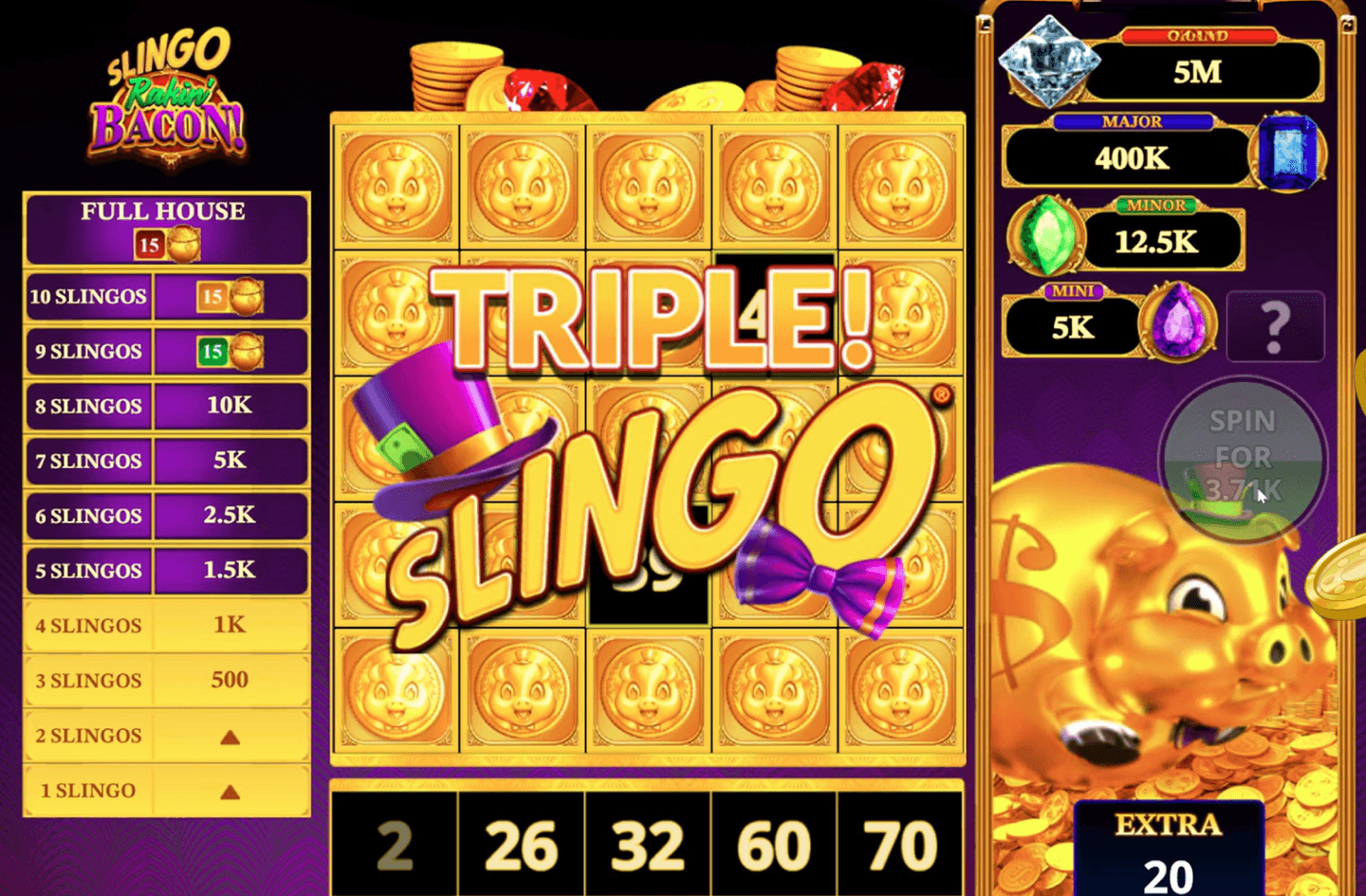 A Slingo Rakin' Bacon board showing a Triple Slingo win, with the prize ladder from 1 Slingo up to Full House on the left and Grand, Major, Minor and Mini jackpots on the right