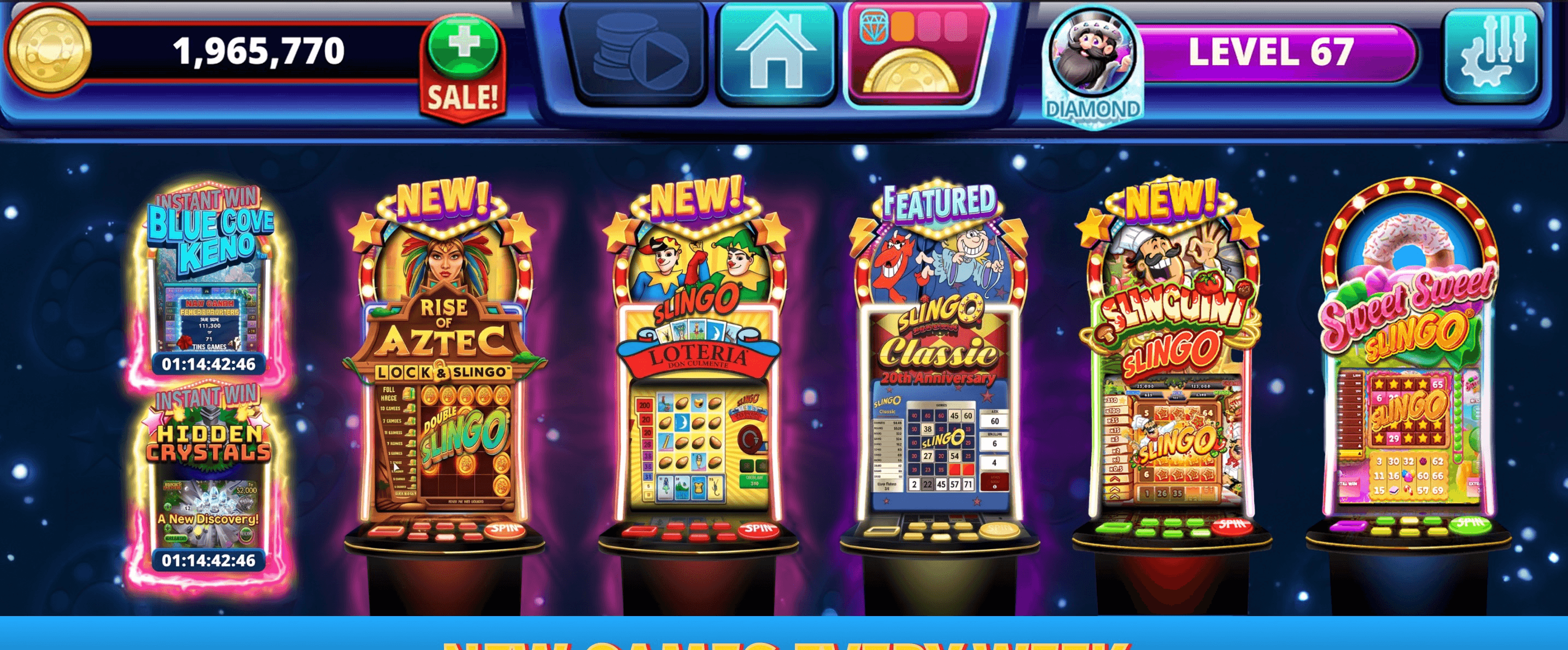 The Slingo Arcade game select screen showing machine tiles marked New and Featured