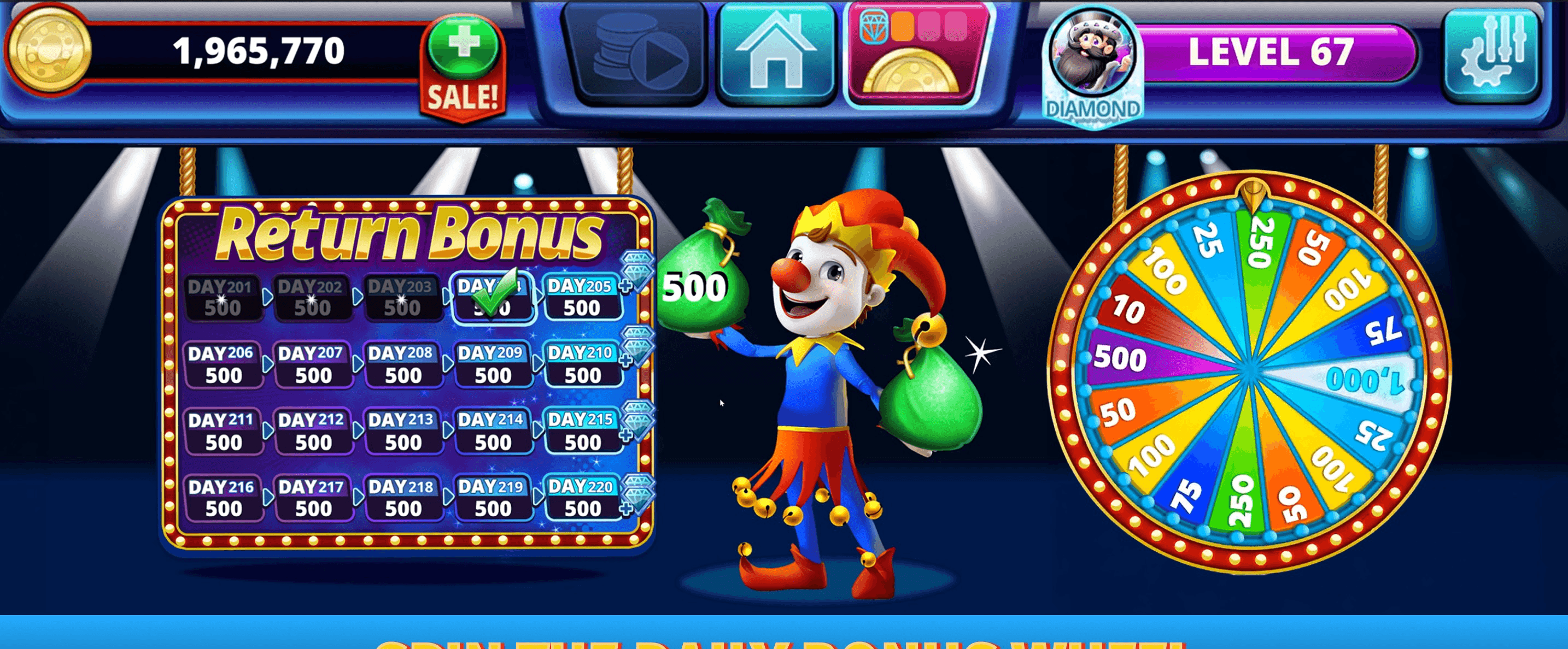 The Slingo Arcade return bonus showing a grid of numbered days with their coin rewards, beside a prize wheel