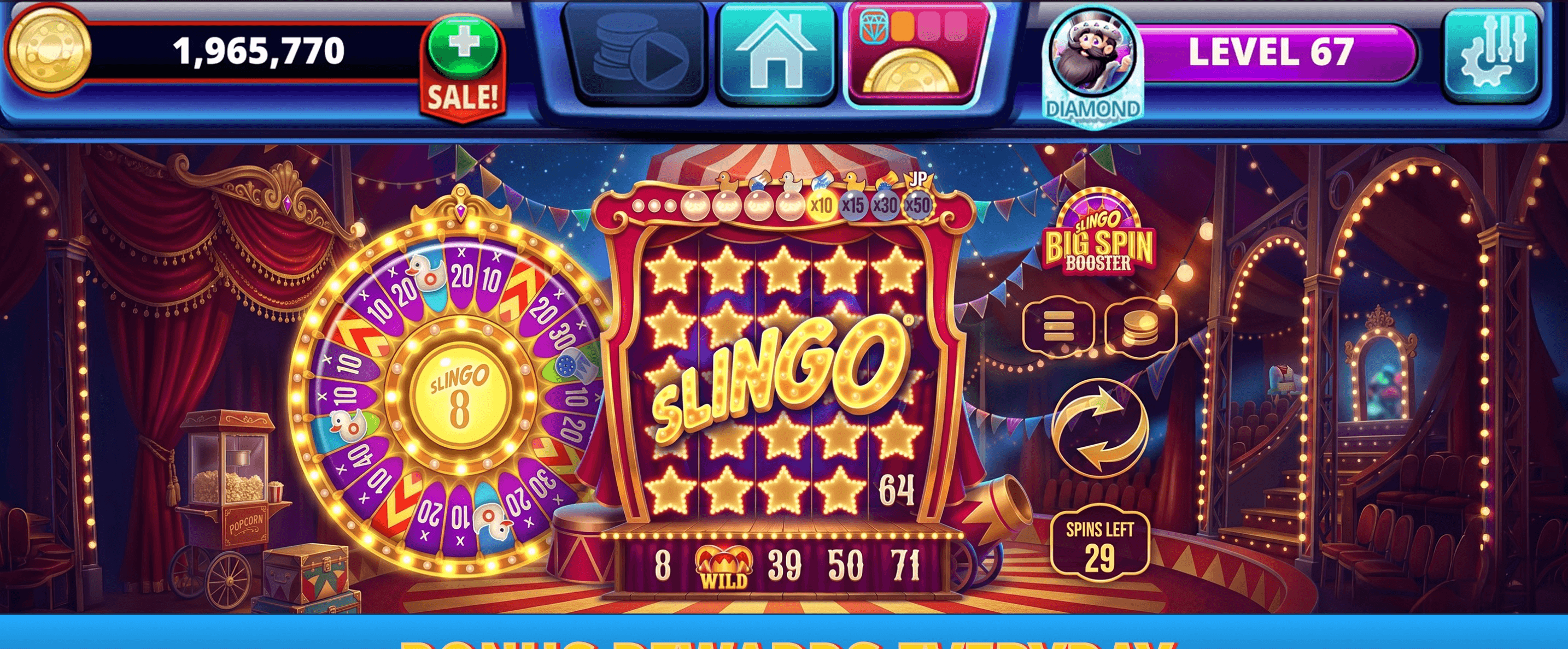 A Slingo board with a number grid, a spinning reel of numbers below it and a bonus wheel alongside
