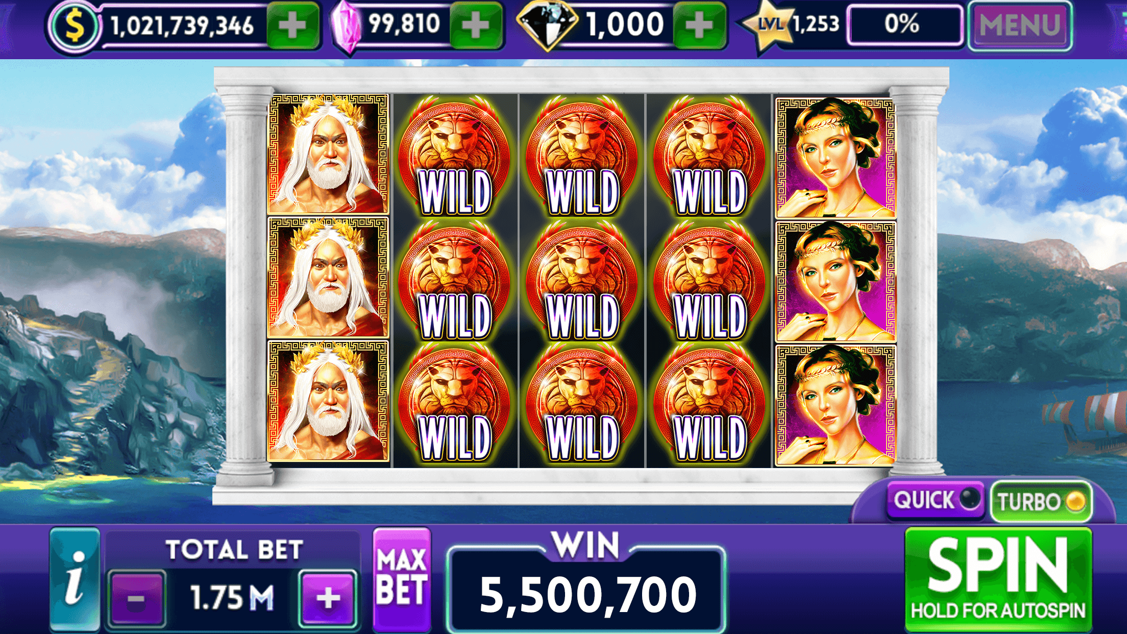 The Kronos machine in Slot Bonanza with Wild symbols across the middle reels, and the bet bar underneath showing a total bet of 1.75M with minus, plus and Max Bet buttons