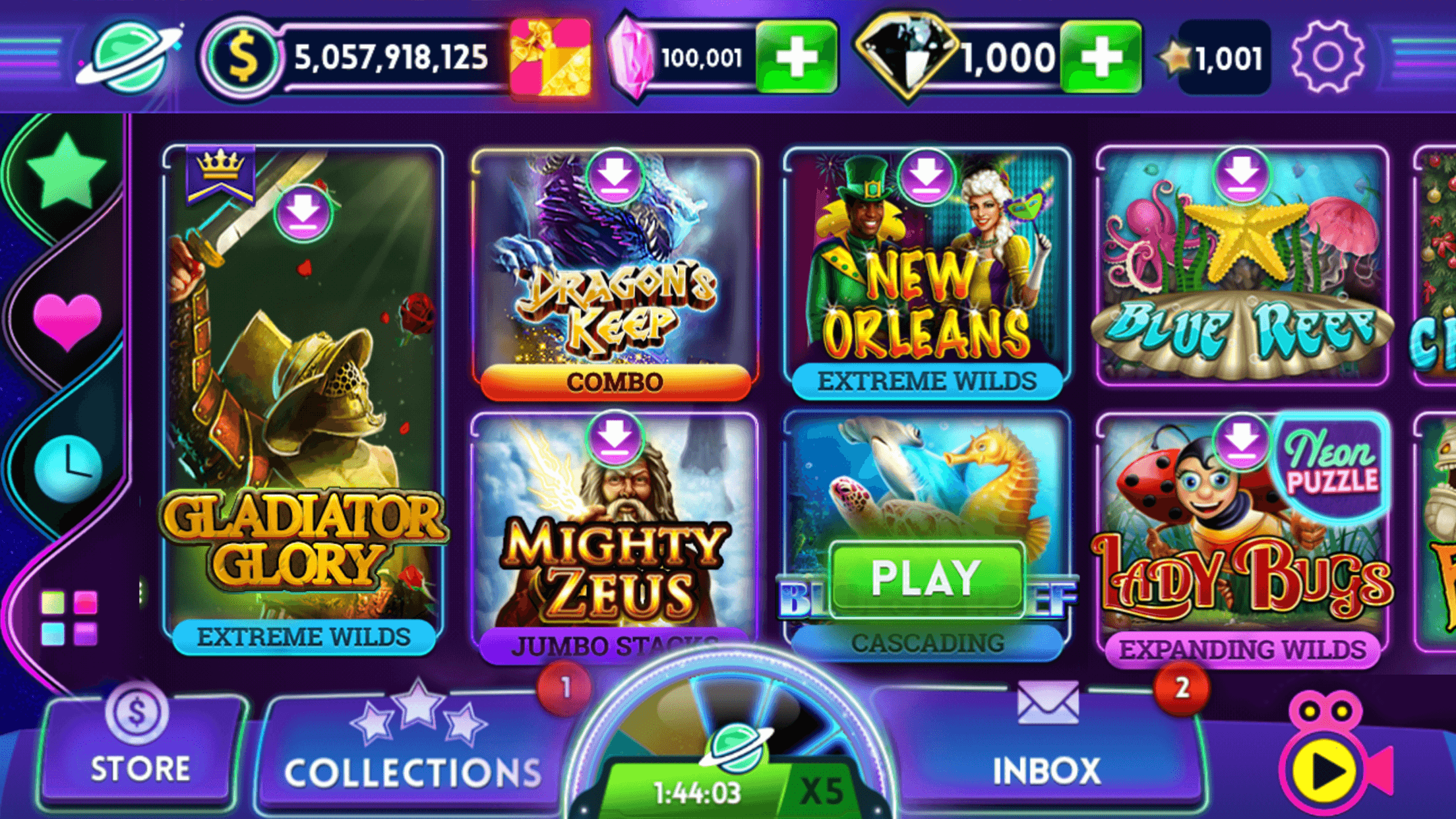 The Slot Bonanza lobby showing machine tiles including Gladiator Glory, Dragon's Keep and Mighty Zeus, above a Store, Collections and Inbox bar