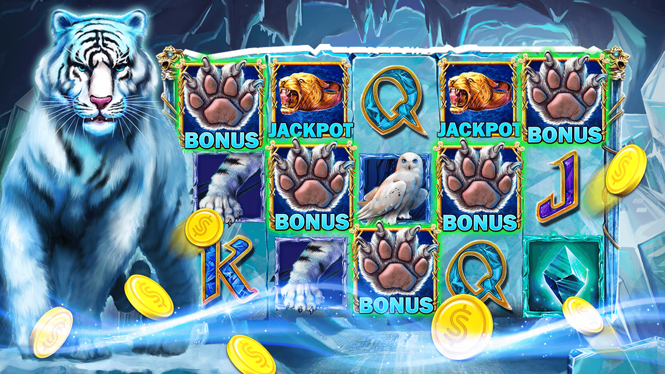 A snowy Slot Bonanza machine with a white tiger beside the reels and six Bonus paw symbols lit up in green among Jackpot, owl and card symbols