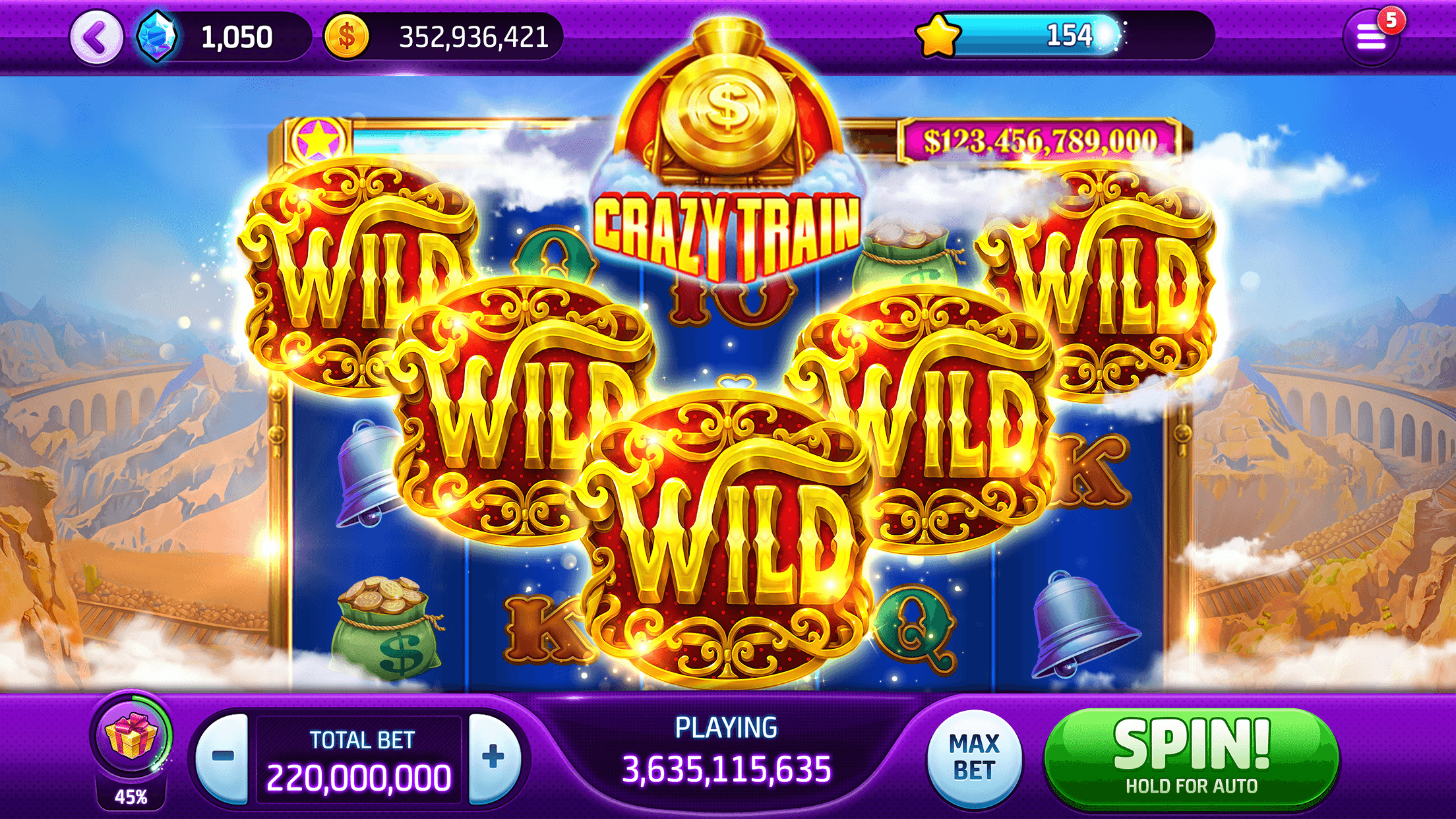 The Crazy Train slot in Slotomania with WILD symbols across the reels and a total bet of 220,000,000 coins