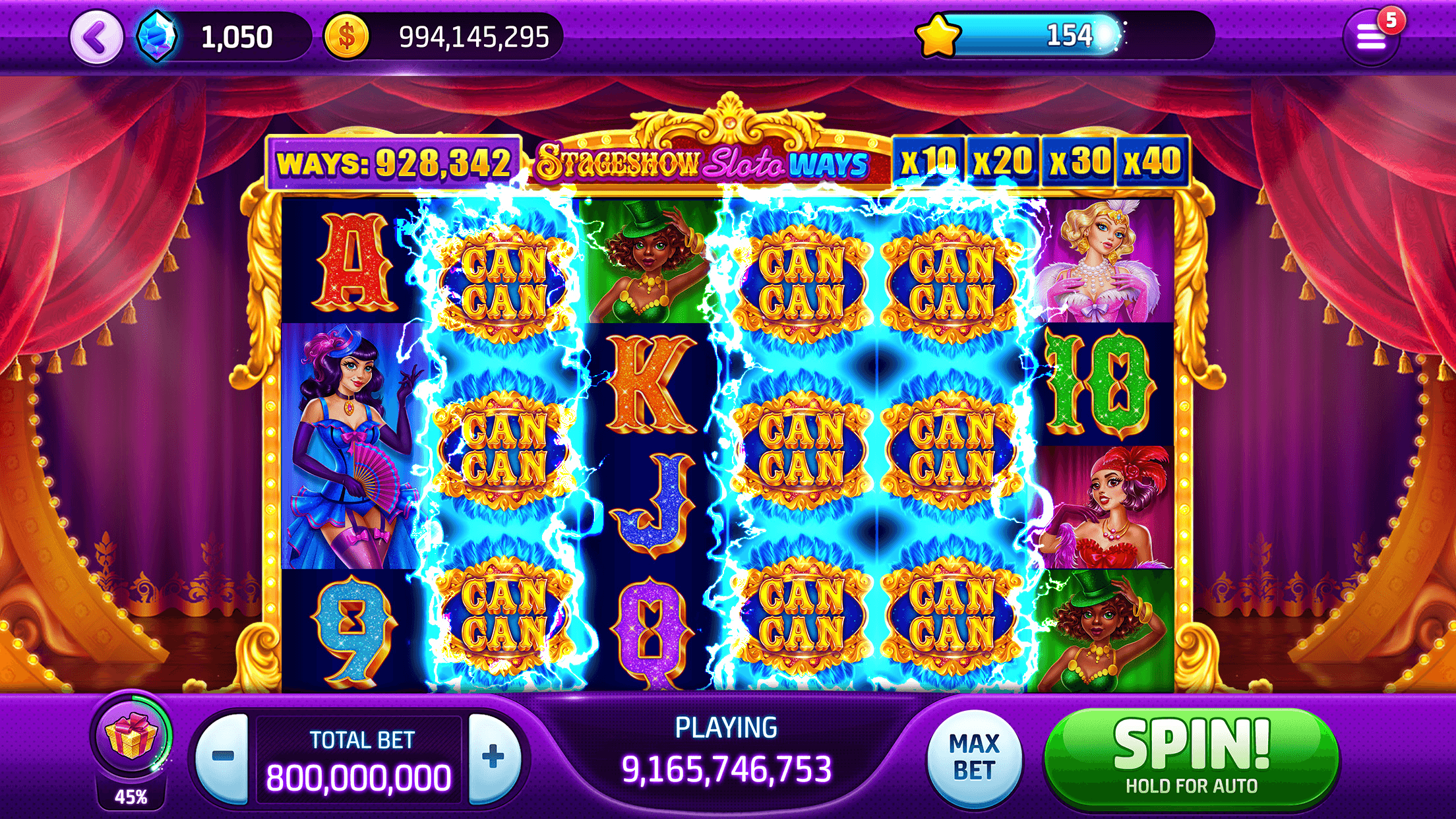 The Stageshow Sloto Ways slot in Slotomania, with the level star and XP bar at the top right and the total bet and SPIN button along the bottom
