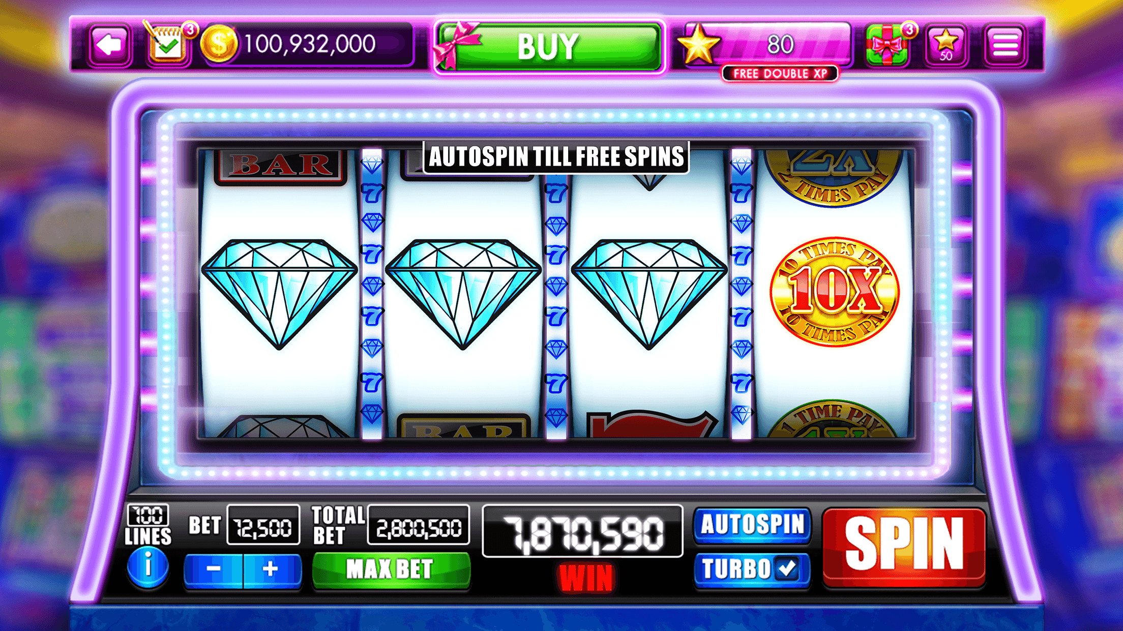 A Slots Craze machine with three diamonds on the reels and a 10X symbol, with the console showing 100 lines, a bet of 12,500, a total bet of 2,800,500, Max Bet, Autospin and Spin buttons