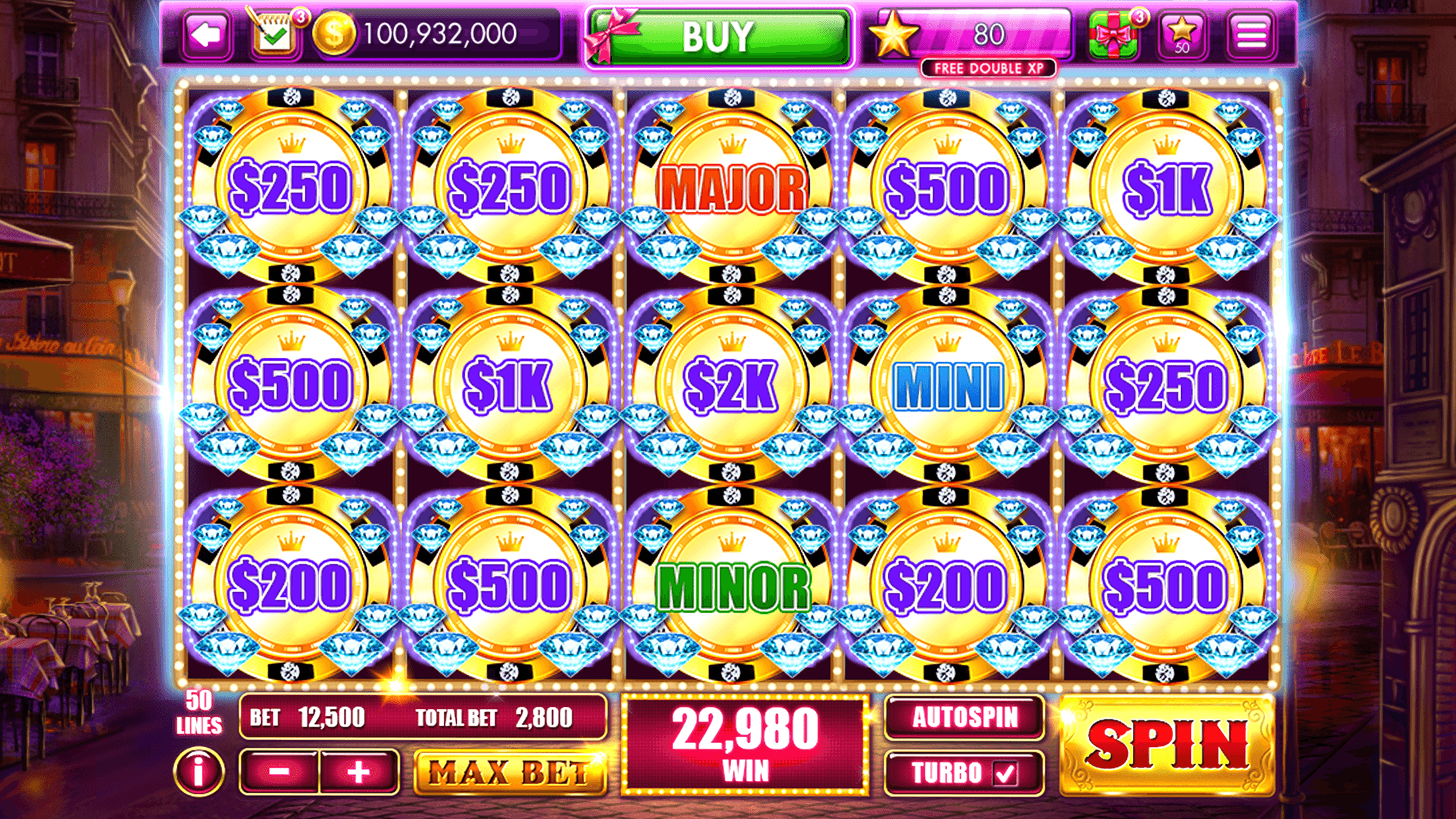 A Slots Craze machine with held orb symbols carrying cash values and Major and Mini jackpot markers among them