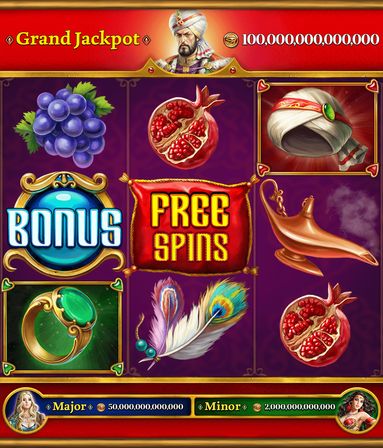 Reels of an Arabian-themed Slots Era machine with a Bonus symbol and a Free Spins symbol among grapes, pomegranates, a lamp and a ring, between the Grand Jackpot bar and the Major and Minor jackpots