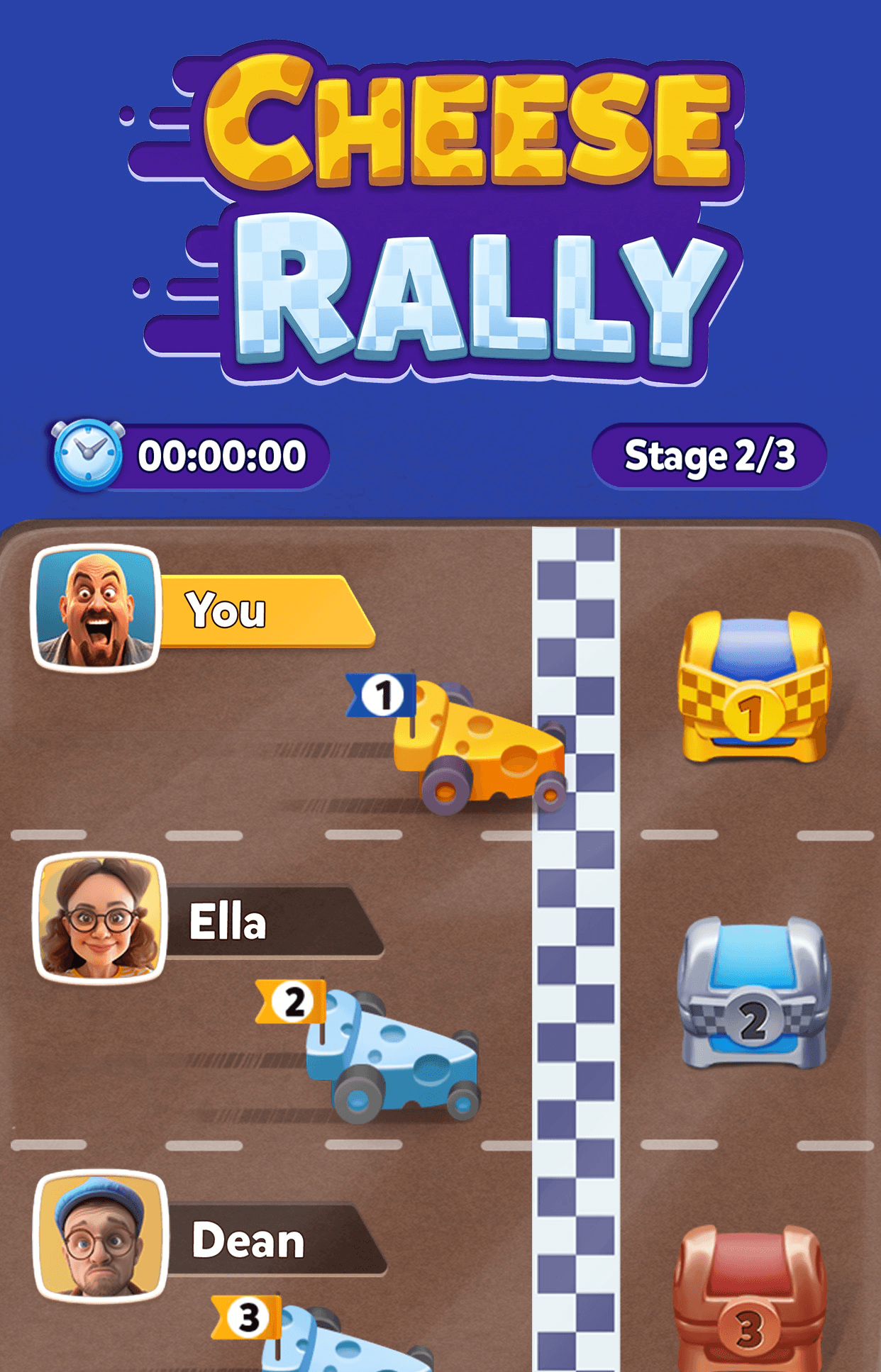The Cheese Rally event in Solitaire Grand Harvest showing players racing along a track in ranked positions