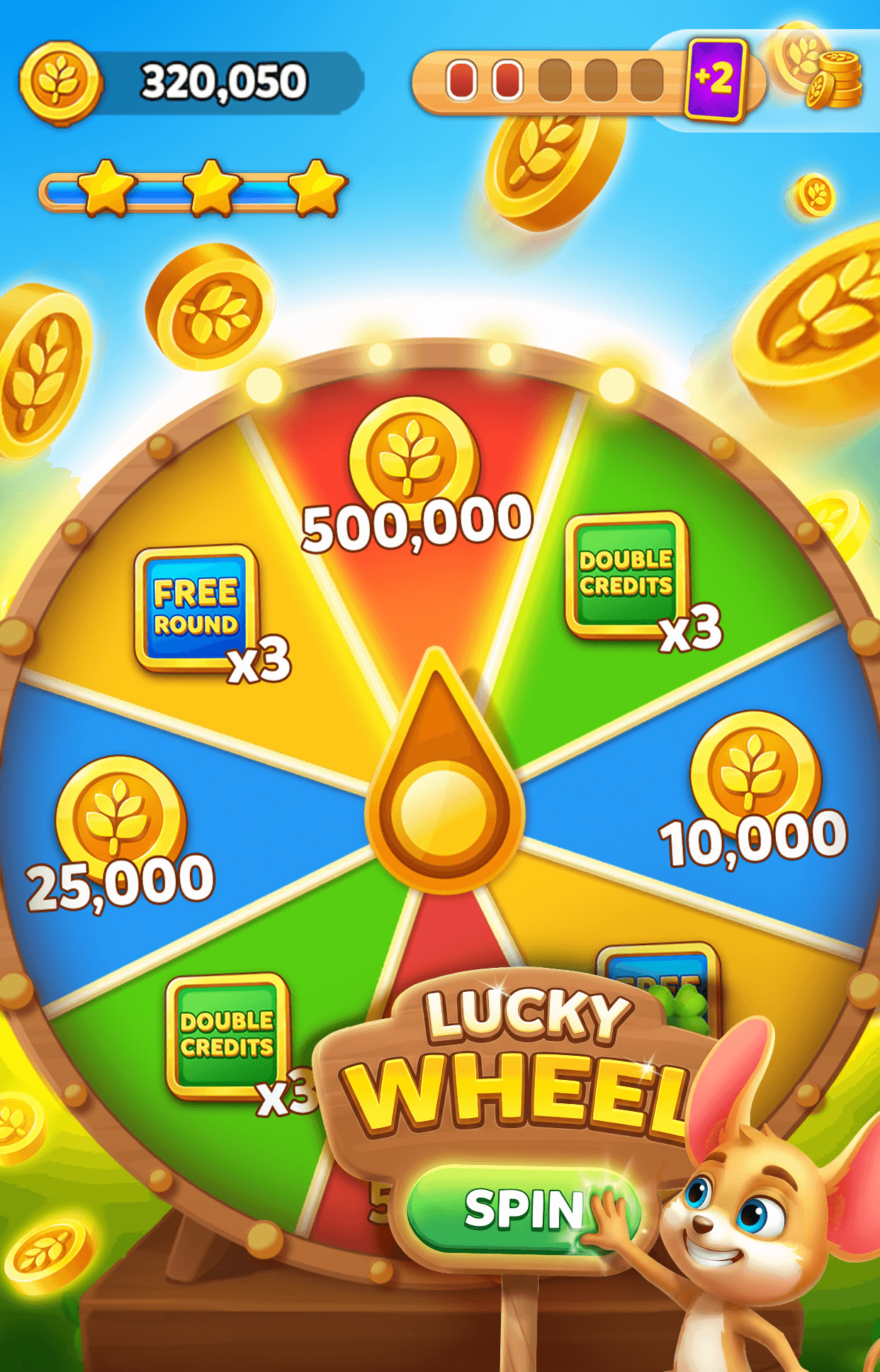 The Solitaire Grand Harvest Lucky Wheel with segments for 500,000 coins, free rounds and double credits