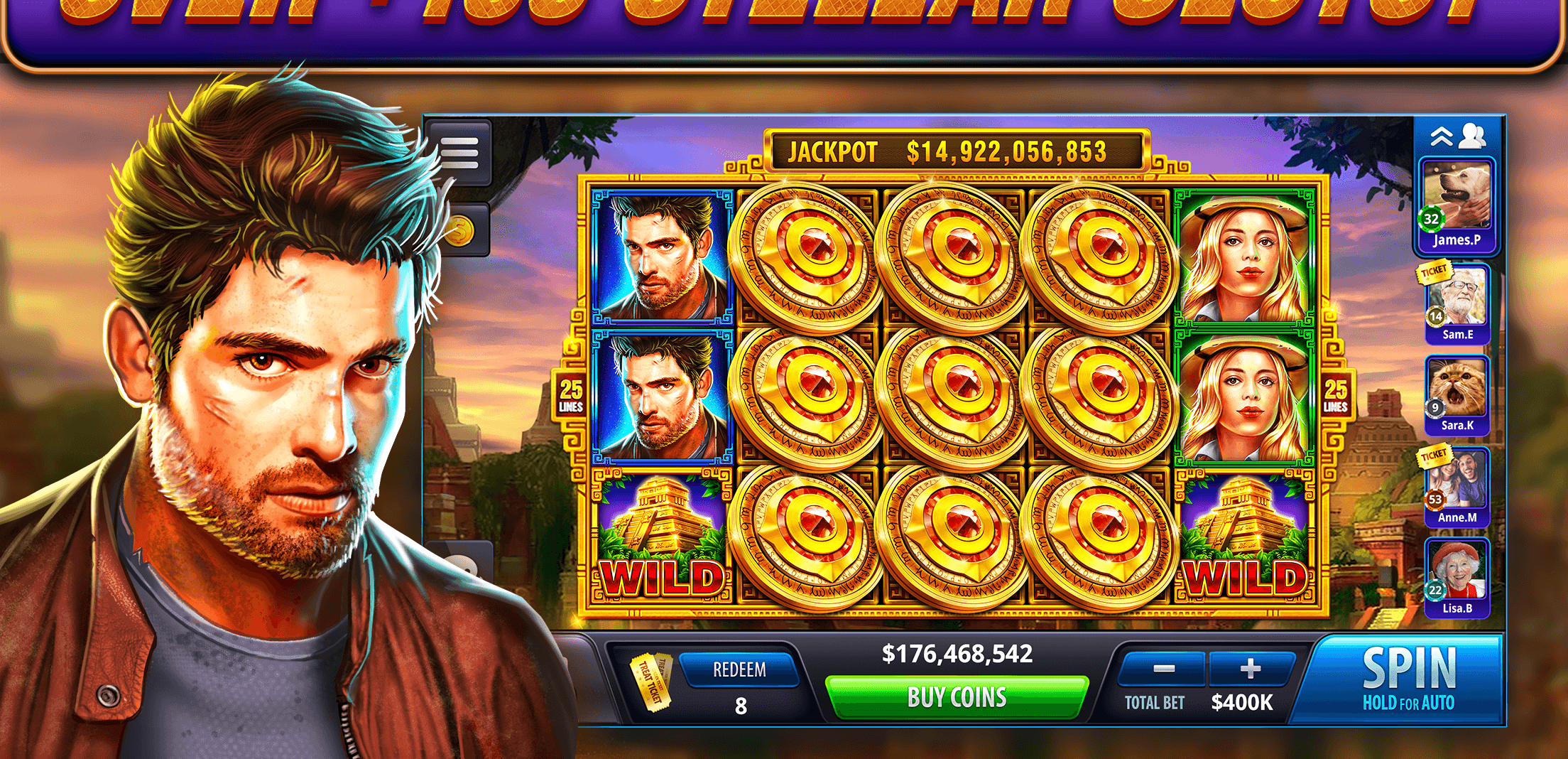 A Take 5 Slots machine with a jackpot total above the reels and the coin balance and SPIN button along the bottom
