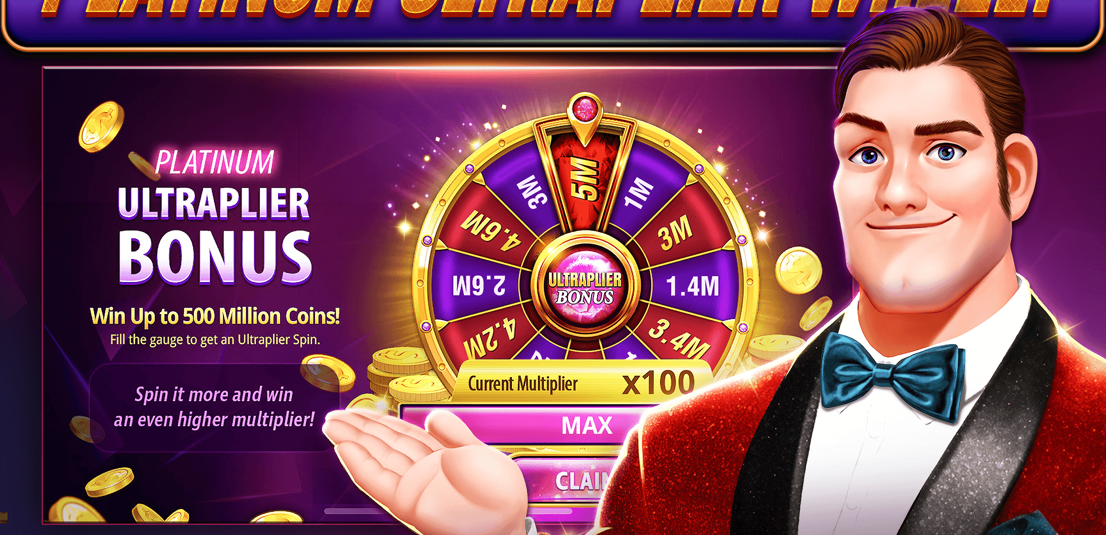 The Platinum Ultraplier bonus wheel in Take 5 Slots, showing a current multiplier of x100