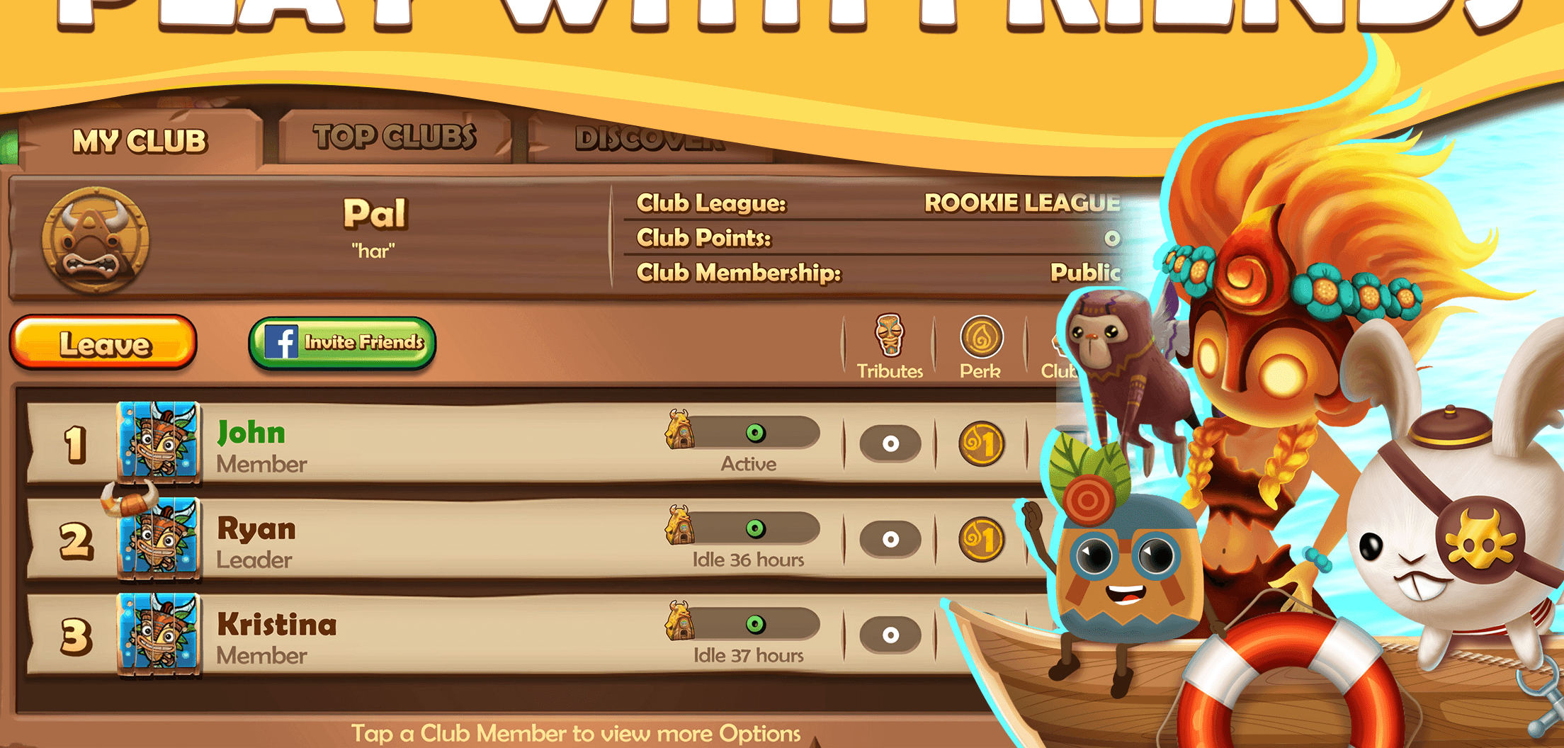 The My Club screen in Tiki Solitaire TriPeaks showing the club league, club points and a list of members