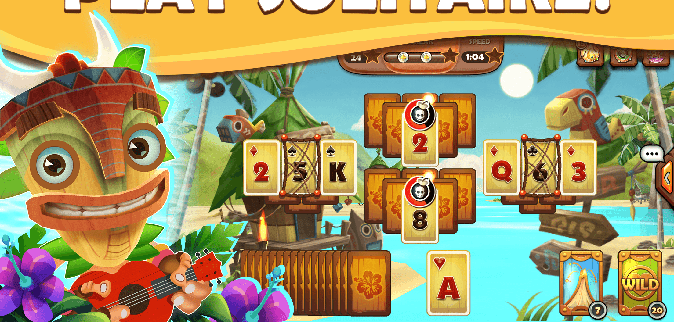A Tiki Solitaire TriPeaks level with cards laid out in peaks above a draw pile